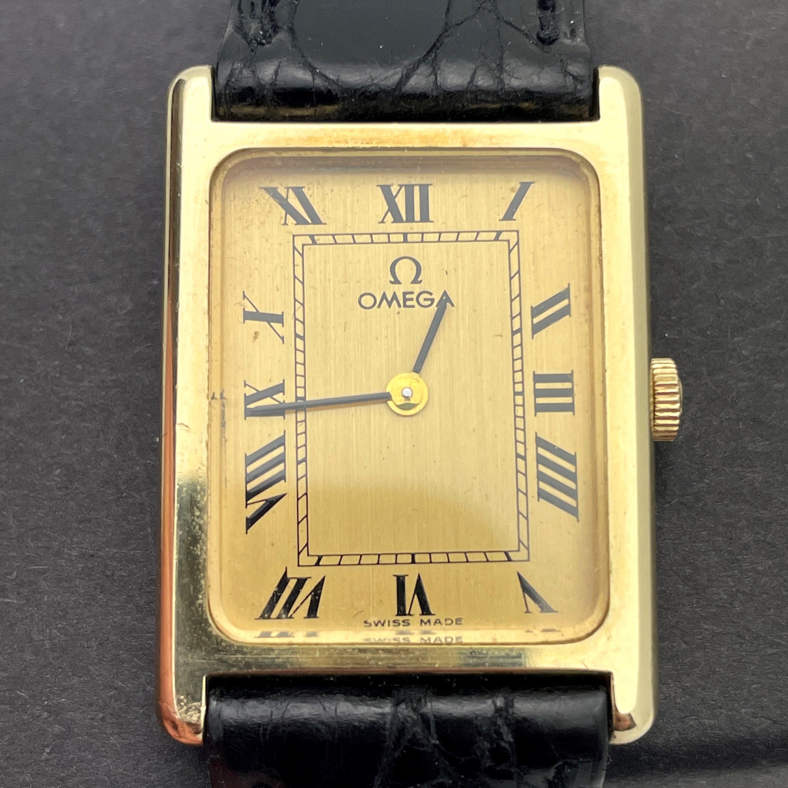 Contemporary Omega DD 6923 14k Yellow Gold Gentlemen's Tank Style Dress Watch. Circa 1979
