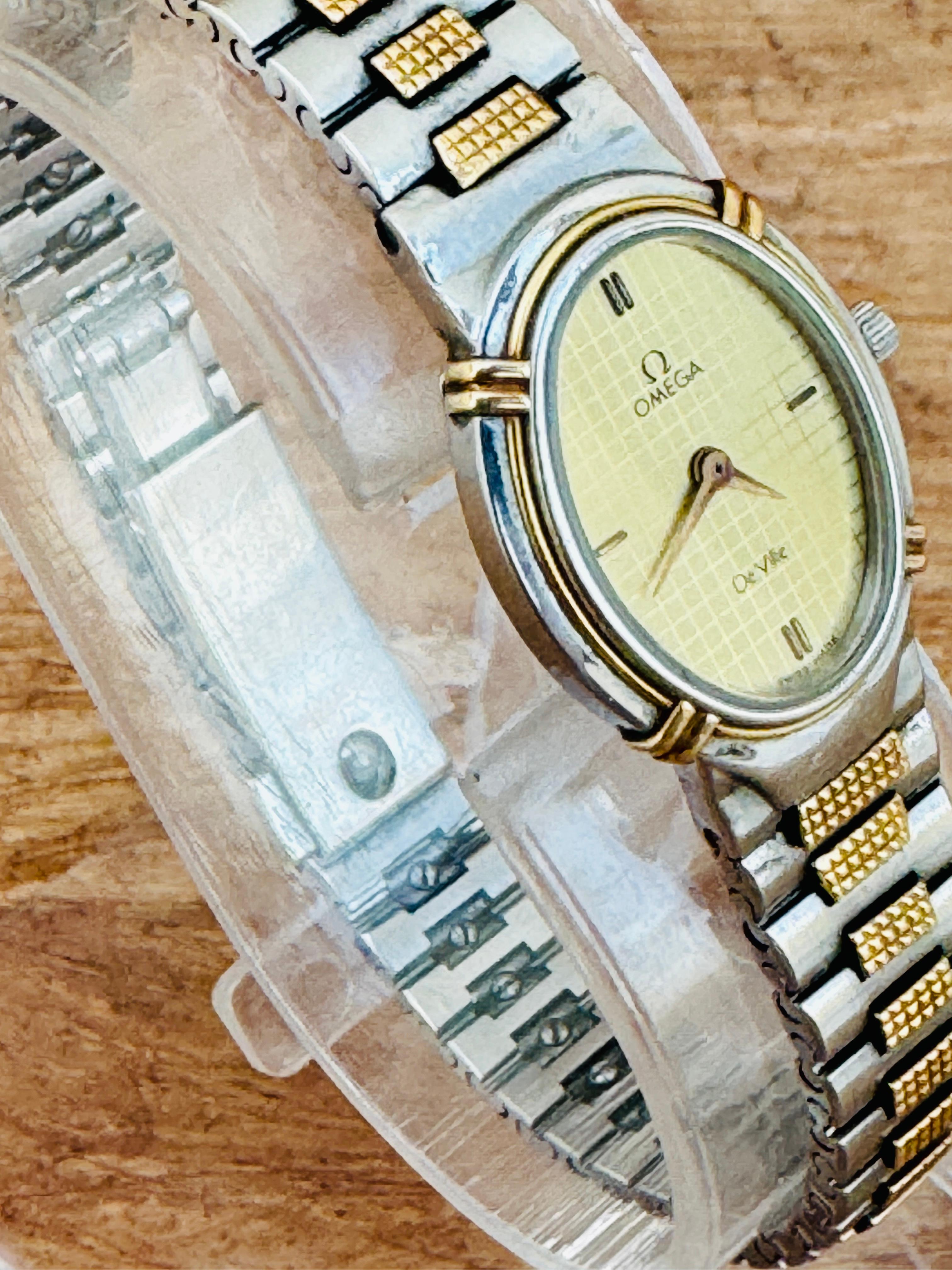 Omega De Ville 1450 Montre à cadran Quadri champagne doré en acier et or pour femmes en vente 8