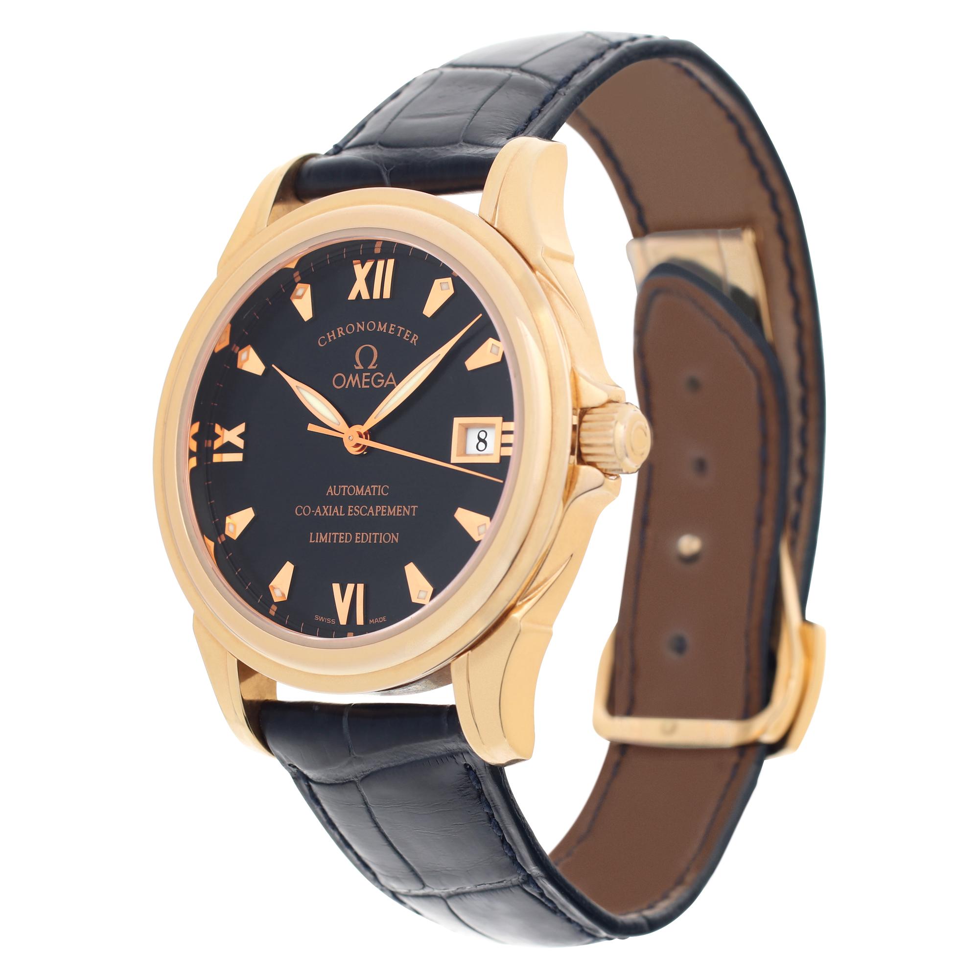 Omega De Ville Co-Axial Escapment 18k rose gold on black alligator strap with 18k rose gold deployant buckle. Limited edition to 199. Auto w/ sweep seconds and date. 37.5 mm case size. With box, booklets, tag and papers. Ref 5931.81.23. Year of