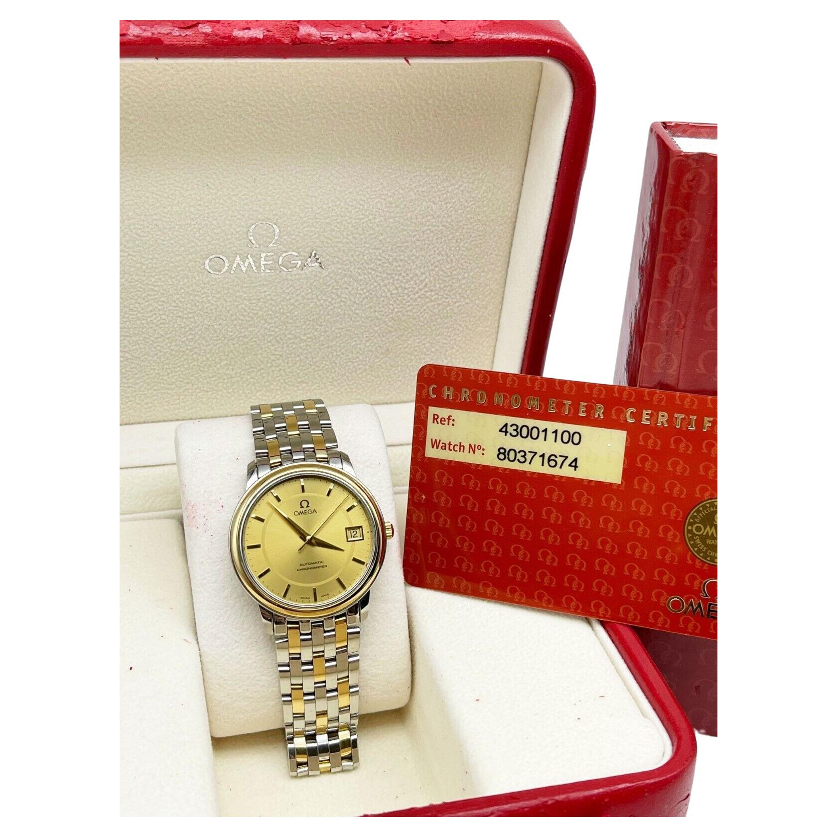 Omega De Ville 4300.11.00 Champagne Dial 18k Gold Steel Box Paper For Sale