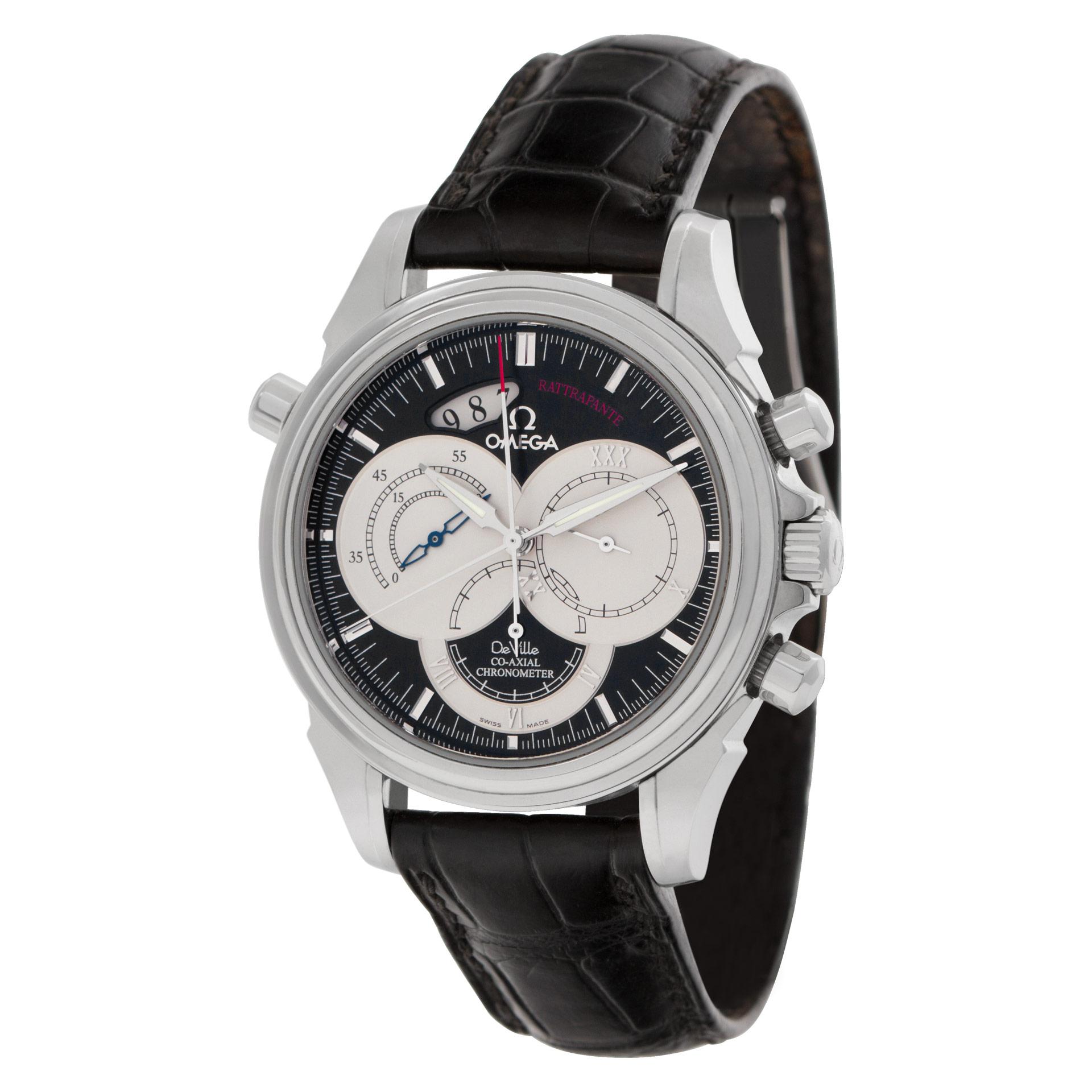 Omega De Ville Co-Axial Rattrapante aus Edelstahl an einem Lederband. Automatik mit Subsekunden, Datum und Chronograph. Mit Box und Papieren. 41 mm Gehäusegröße. Ref 4847.50.31. Circa 2010er Jahre. Fine Pre-owned Omega Uhr.  Certified preowned Omega