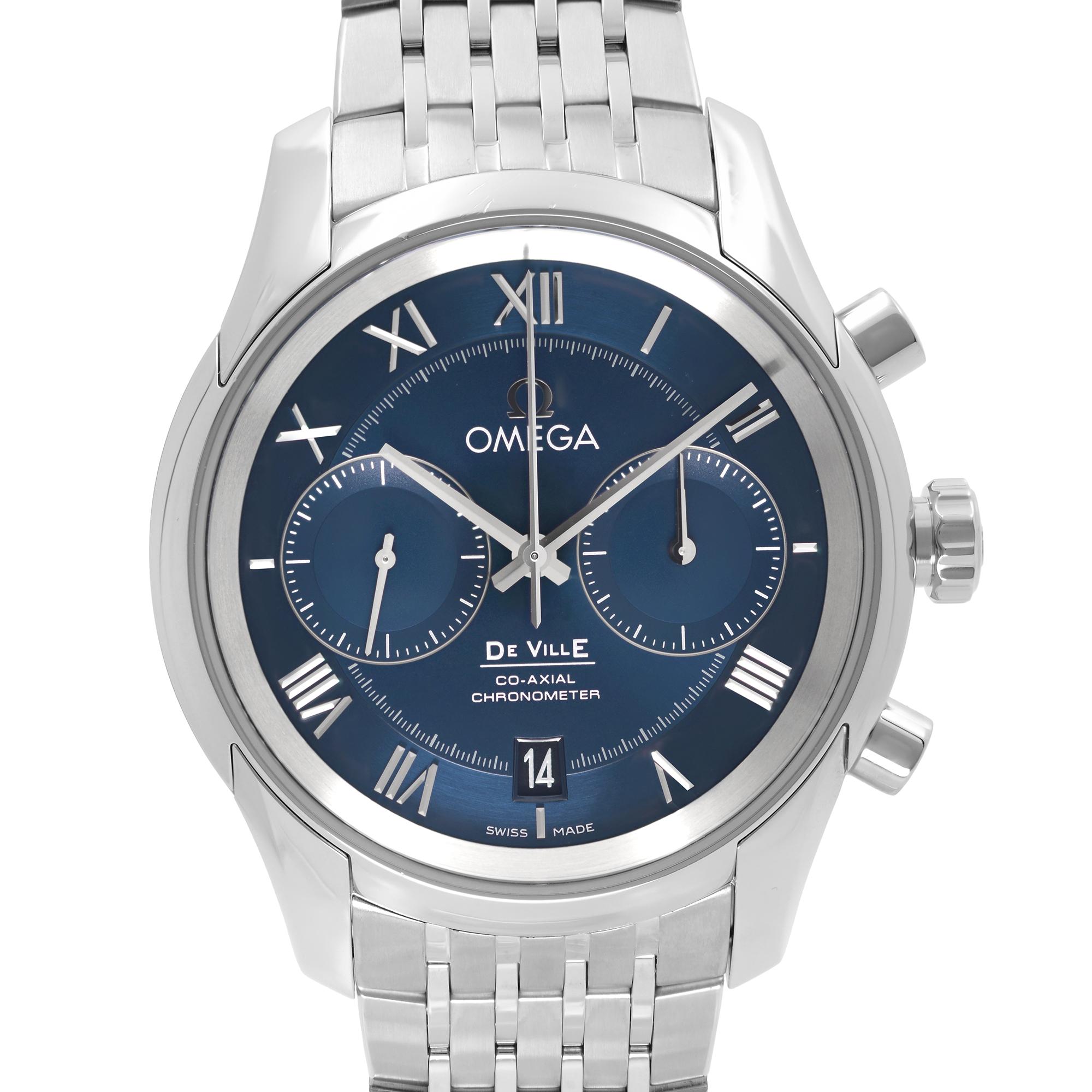 Display Model Omega De Ville Stainless Steel Blue Dial Men's Watch 431.10.42.51.03.001. This Beautiful Timepiece Features:  Silver-Tone Stainless Steel Case With a Silver-Tone Stainless Steel Bracelet. Fixed Silver-Tone Stainless Steel Bezel. Blue