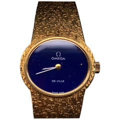 Retro Omega De Ville Ladies 18 Karat Yellow Gold Lapis Lazuli Manual Wind Wristwatch