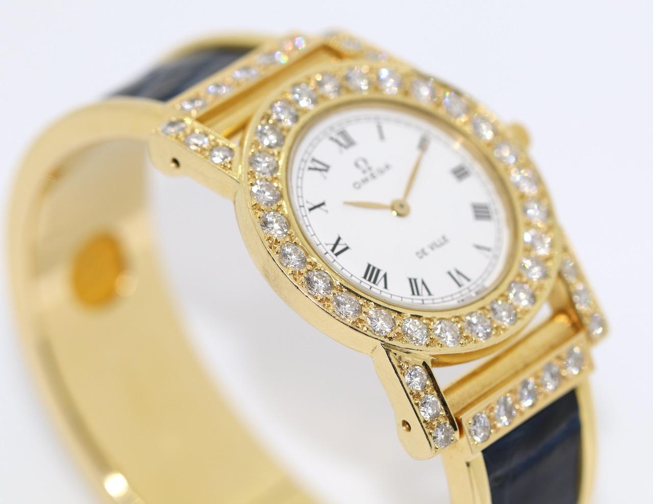 Round Cut Omega De Ville Ladies Wrist Watch, 18 Karat Yellow Gold and 48 Diamonds For Sale