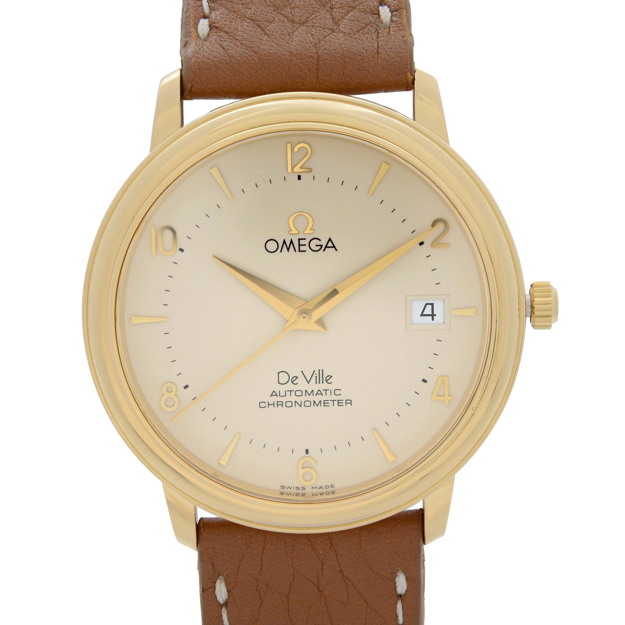 Pre-owned Omega De Ville Prestige 18k Yellow Gold 36.5 mm Chronometer Cream Dial Men's Automatic Watch 4612.30.02. Aftermarket Band but gold-tone Stainless steel Omega Buckle. The Timepiece is powered by an Automatic movement. Features: Polished 18k