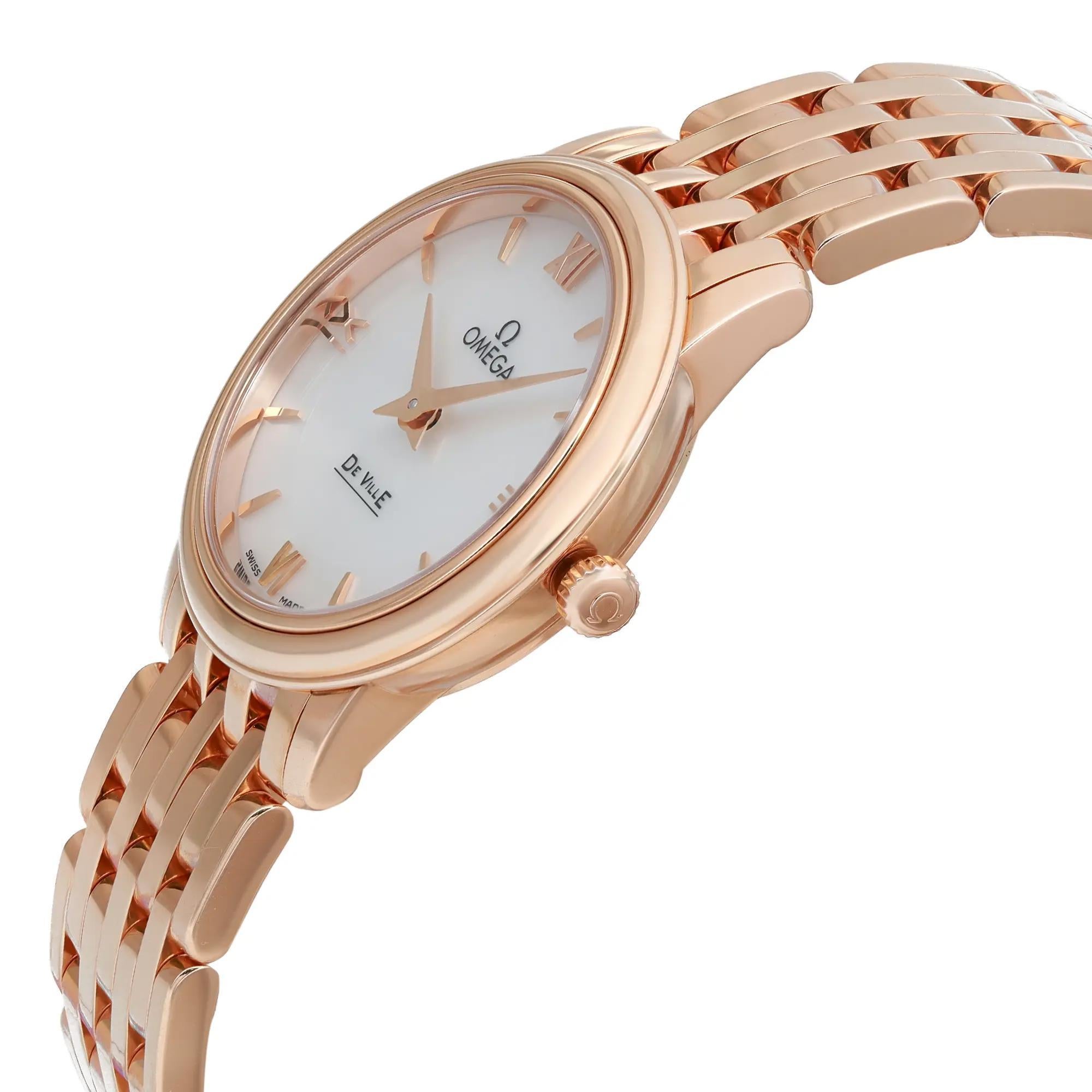 Omega De Ville Prestige 18K Rose Gold MOP Dial Quartz Watch 424.50.27.60.05.002 In Excellent Condition For Sale In New York, NY