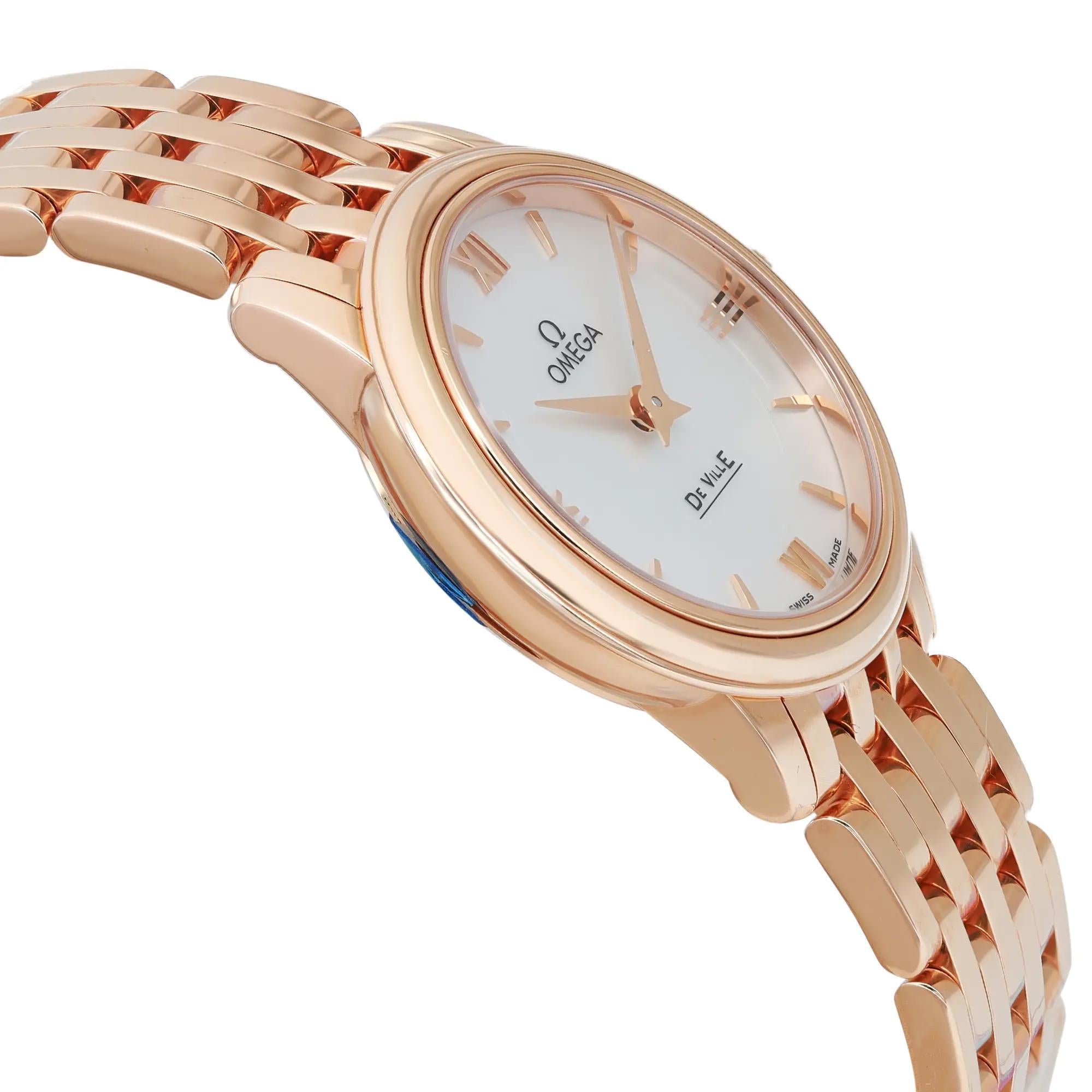 Women's or Men's Omega De Ville Prestige 18K Rose Gold MOP Dial Quartz Watch 424.50.27.60.05.002 For Sale