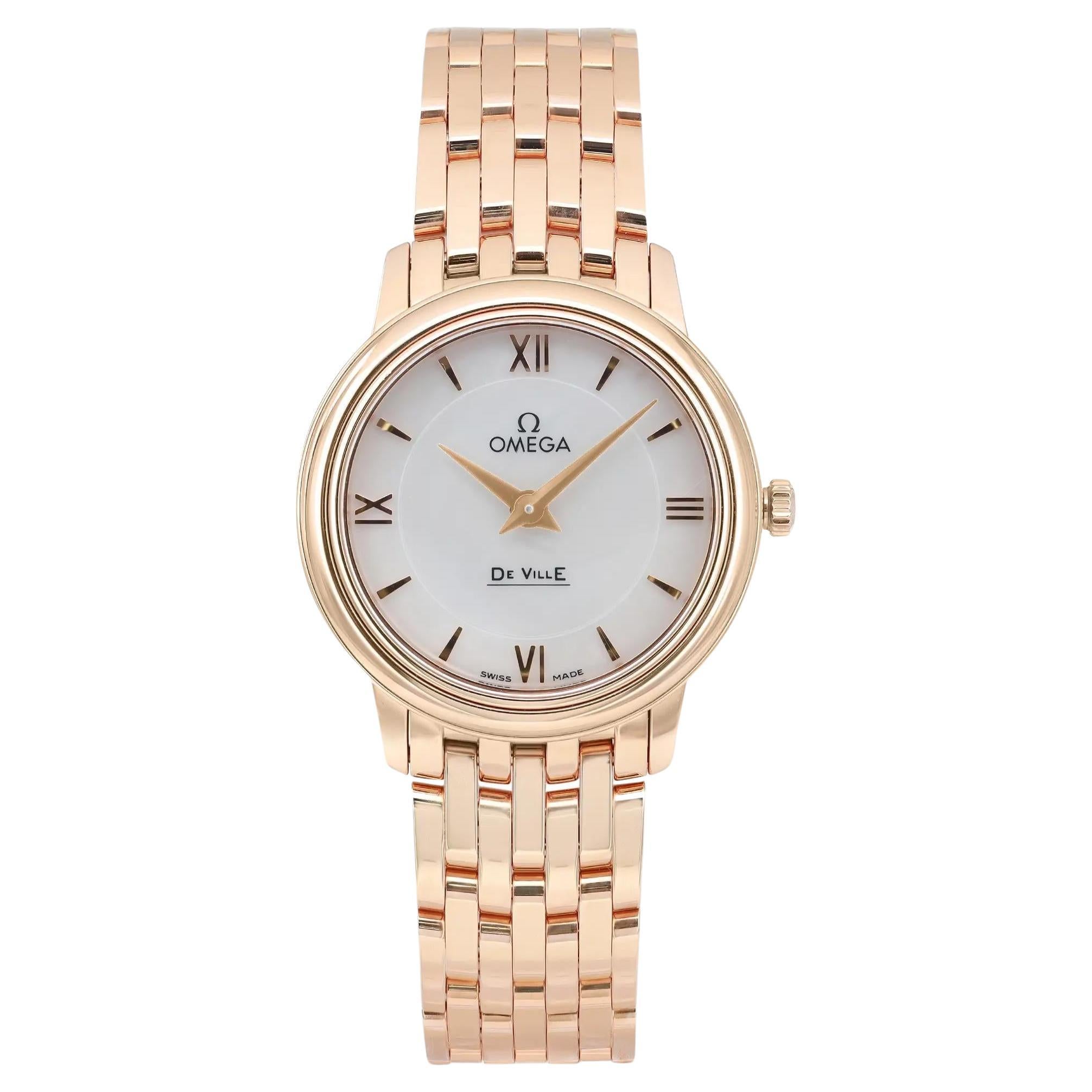 Omega De Ville Prestige 18K Rose Gold MOP Dial Quartz Watch 424.50.27.60.05.002 For Sale
