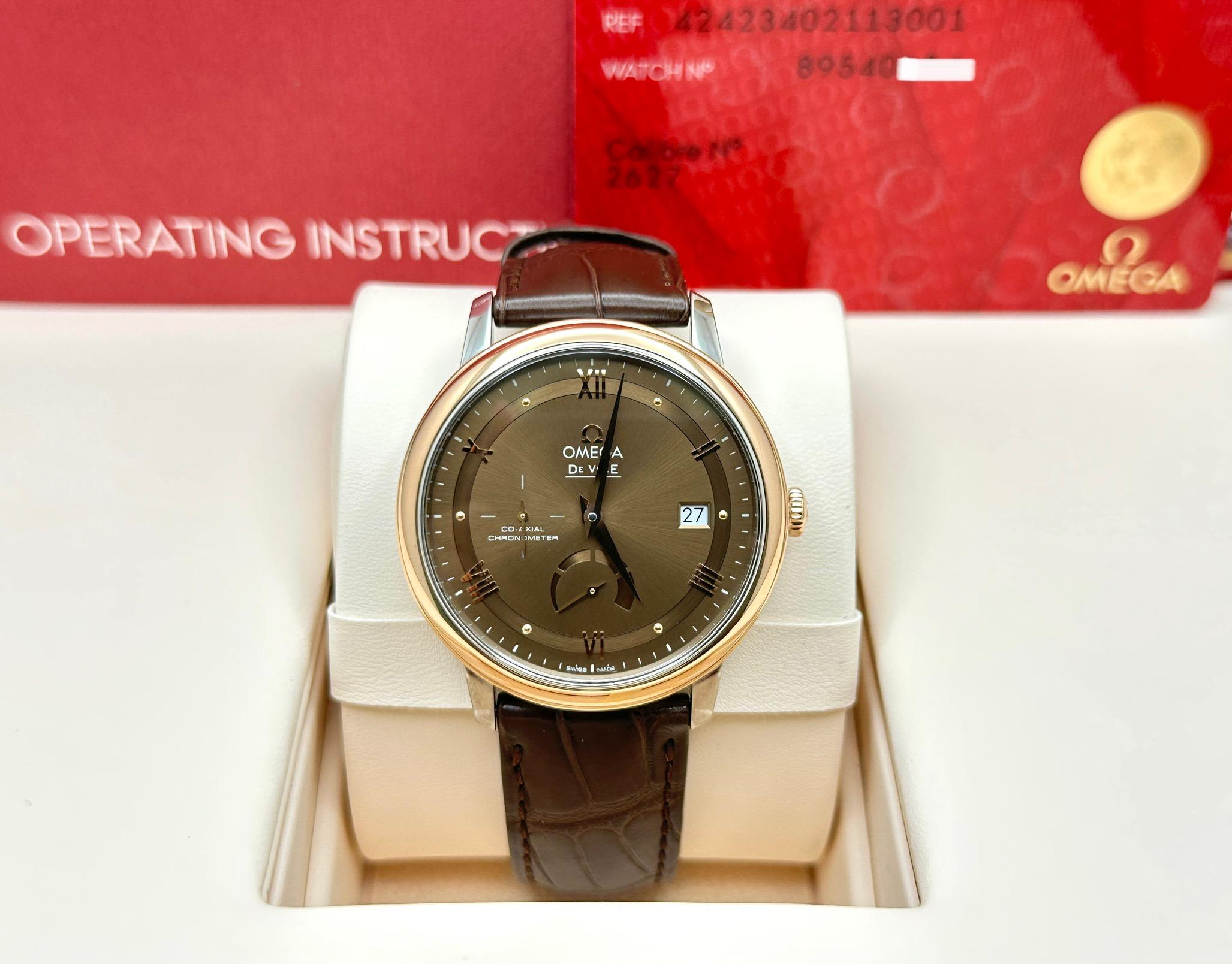 Omega De Ville Prestige 424.23.40.21.13.001 39.5mm 18K Rose Gold Steel Box Paper In Excellent Condition For Sale In San Diego, CA