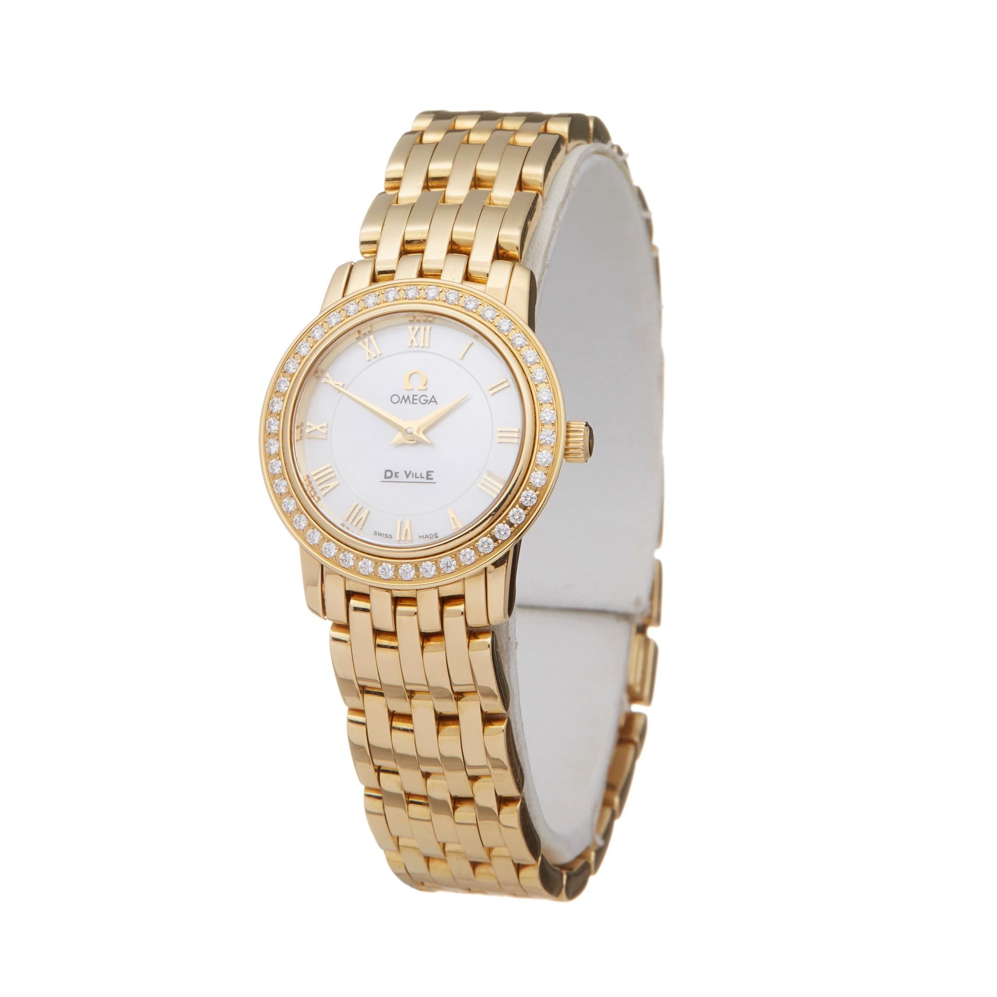 Ref: COM2163
Manufacturer: Omega
Model: De Ville
Model Ref: 417.57.100
Age: Circa 2000's
Gender: Ladies
Complete With: Box Only
Dial: Roman White Mother Of Pearl 
Glass: Sapphire Crystal
Movement: Quartz
Water Resistance: To Manufacturers