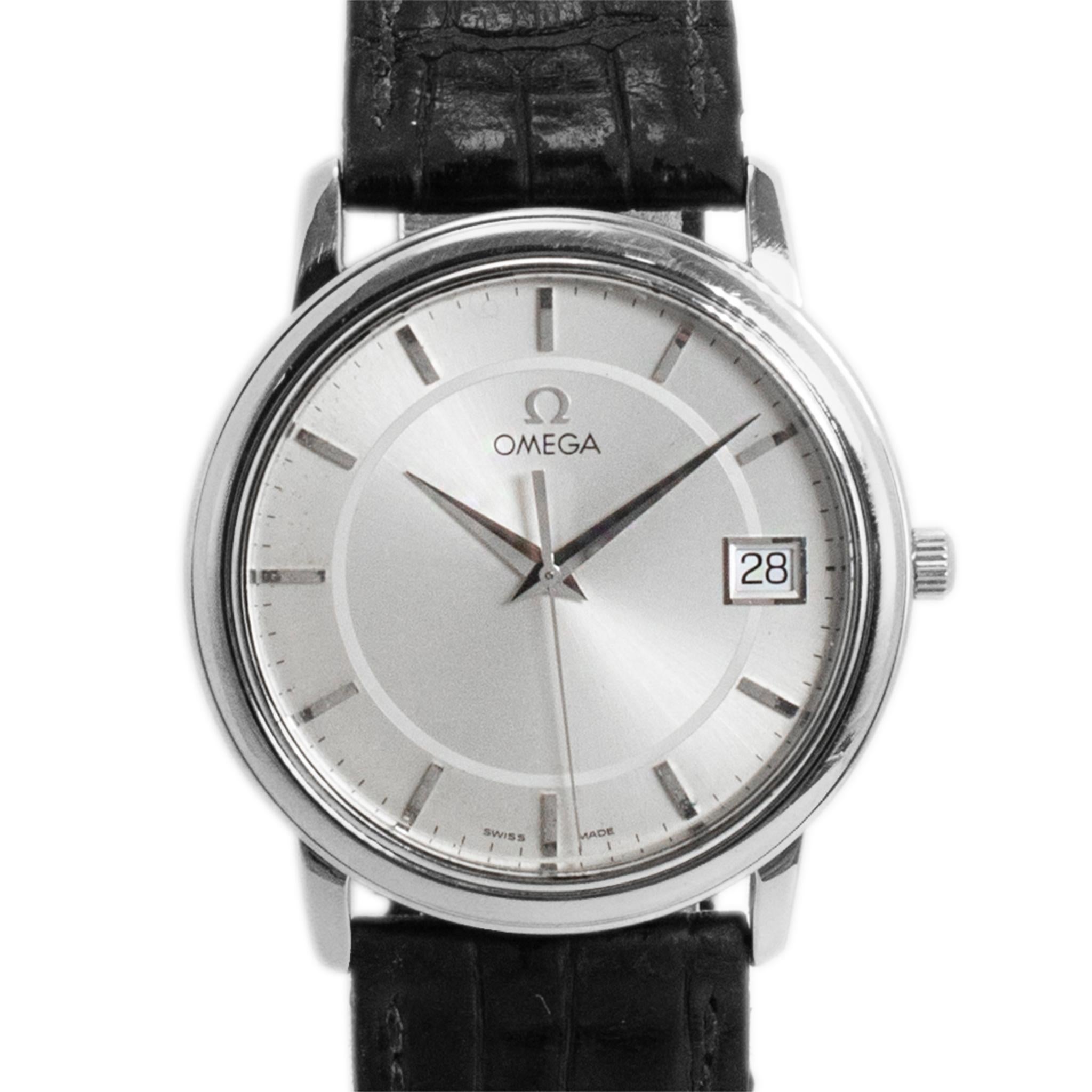 Brand: Omega

Gender: Men

Metal Type: Stainless Steel

Diameter: 34.00 mm

Weight: 34.38 grams

One men's stainless steel OMEGA Swiss-made watch. The metal was tested and determined to be stainless steel. The 