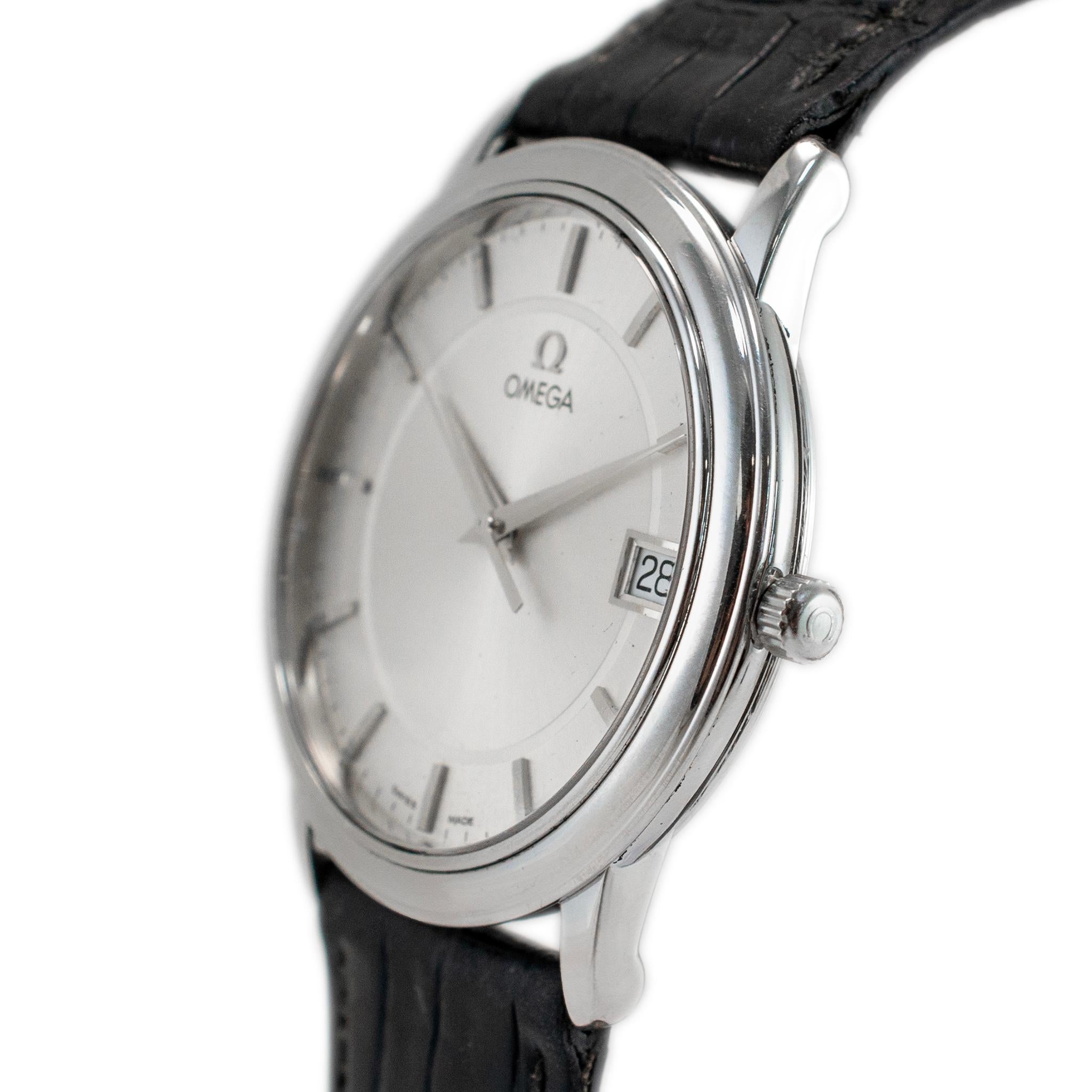 Omega De Ville Prestige Quartz 34.4mm Silver Dial 1961150 Leather Steel Watch im Zustand „Hervorragend“ in Houston, TX