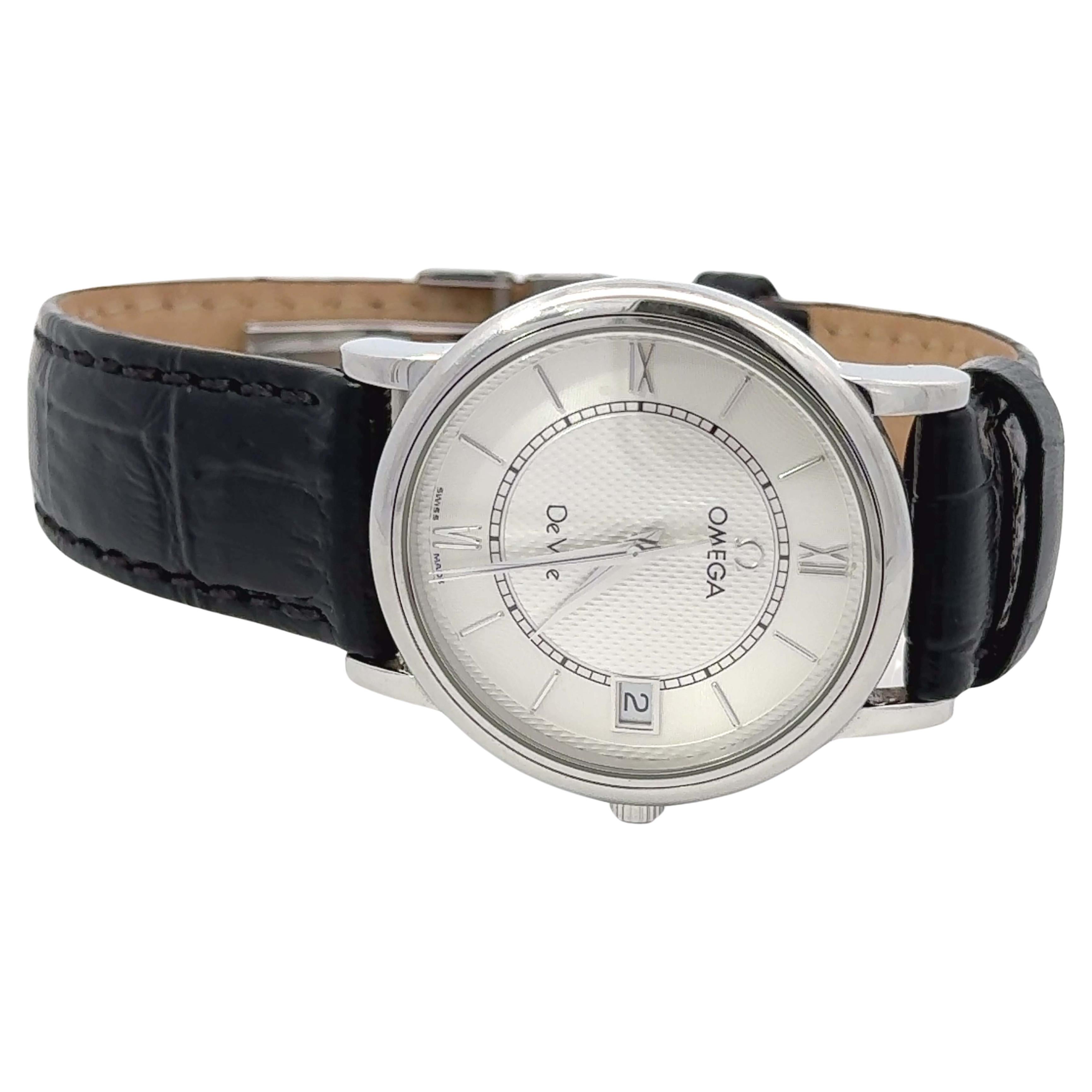 OMEGA De Ville Prestige Stahlquarz-Uhr 34mm mit Generischem Alligatorarmband aus Stahl im Angebot