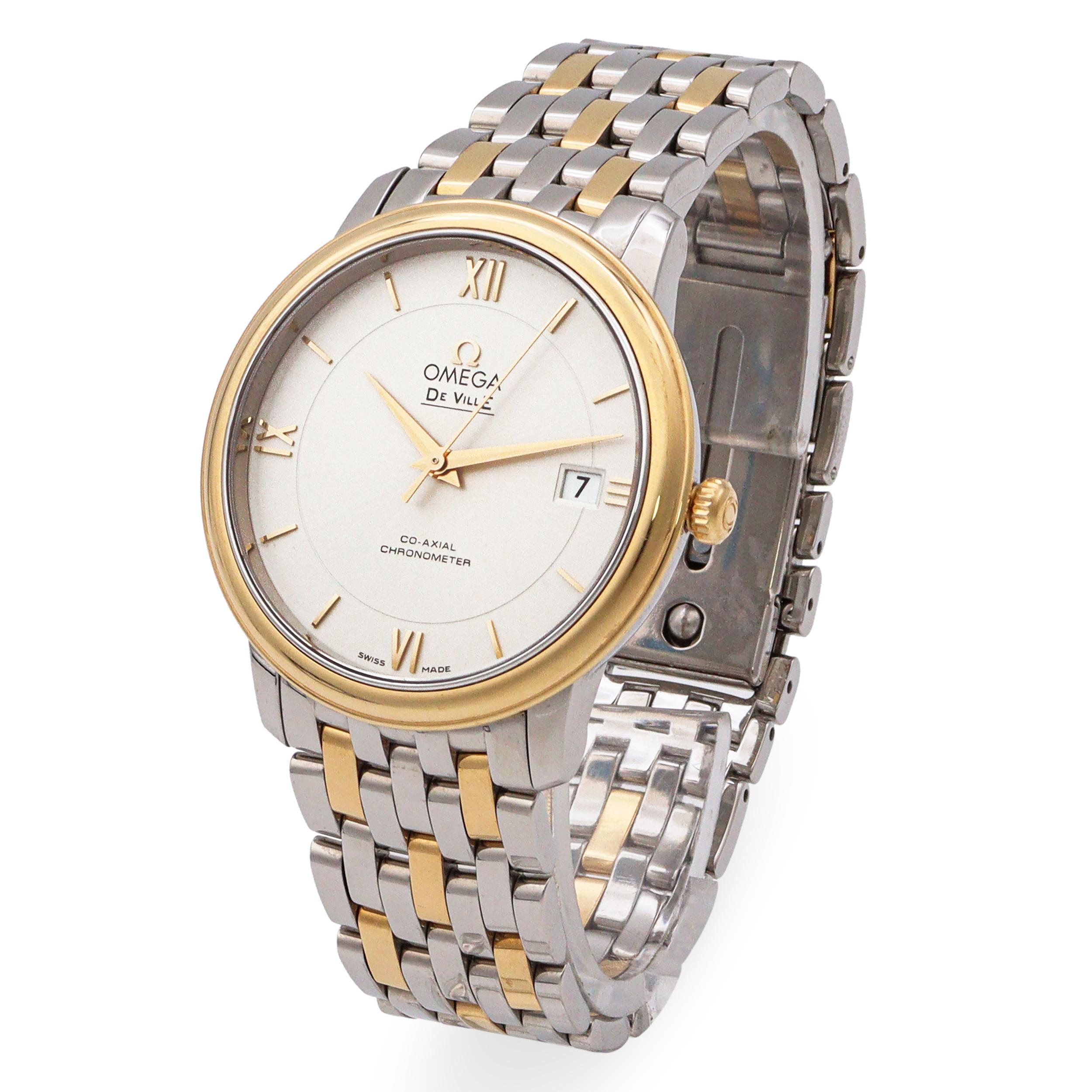 Reloj Omega De Ville Prestige Oro Amarillo Acero Inoxidable Fecha Automático Hombre en Bueno estado para la venta en New York, NY