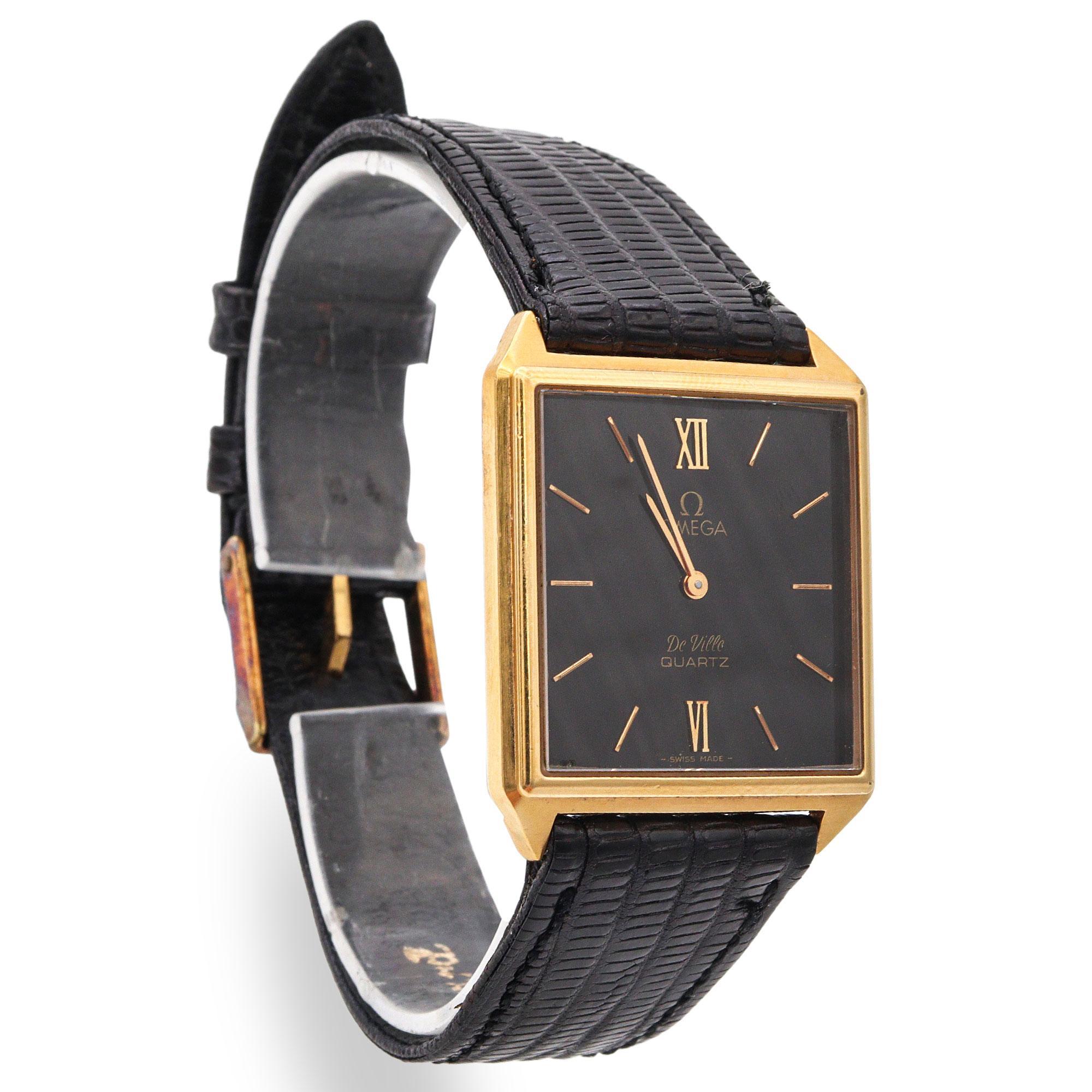 Elevate your collection with this sleek and refined Omega De Ville men's wristwatch, a perfect fusion of minimalist design and timeless elegance. Featuring a square gold-tone stainless steel case, this quartz timepiece boasts a deep black dial