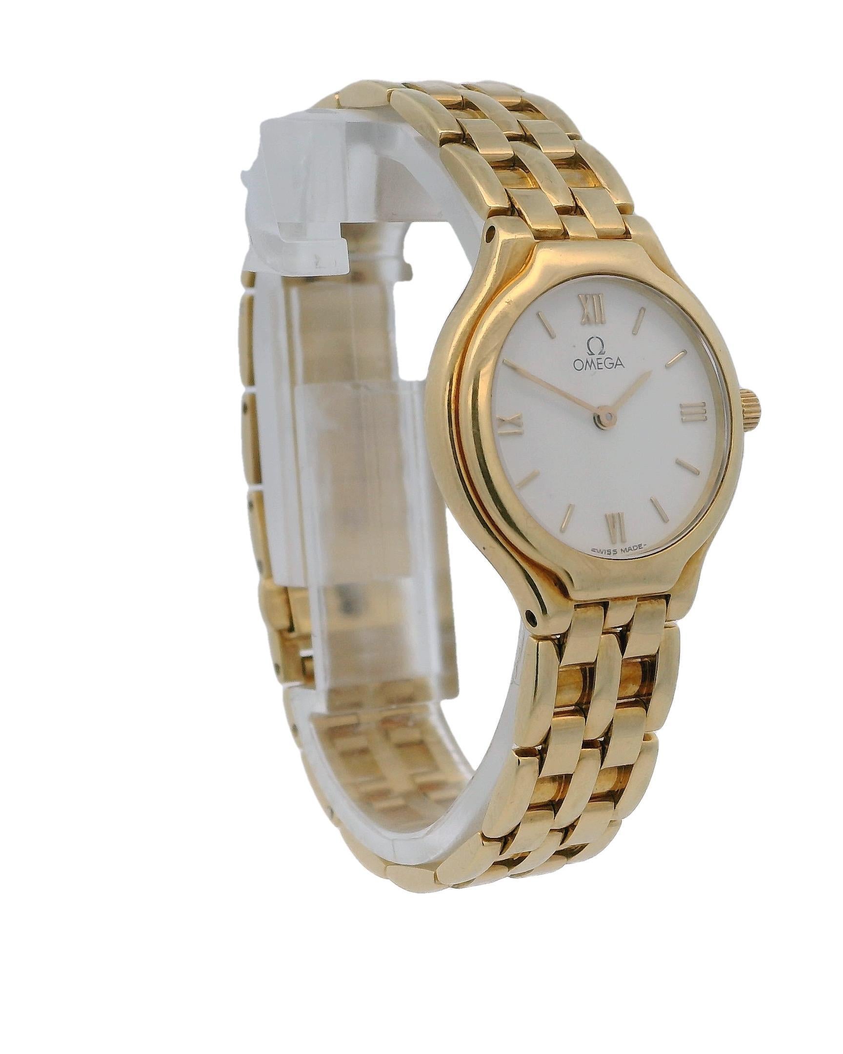 The OMEGA De Ville is an elegant round watch designed for those who appreciate both style and precision. It features a 24mm white dial adorned with stick indexes, providing a clean and classic look. The watch is beautifully encased in 18k gold,