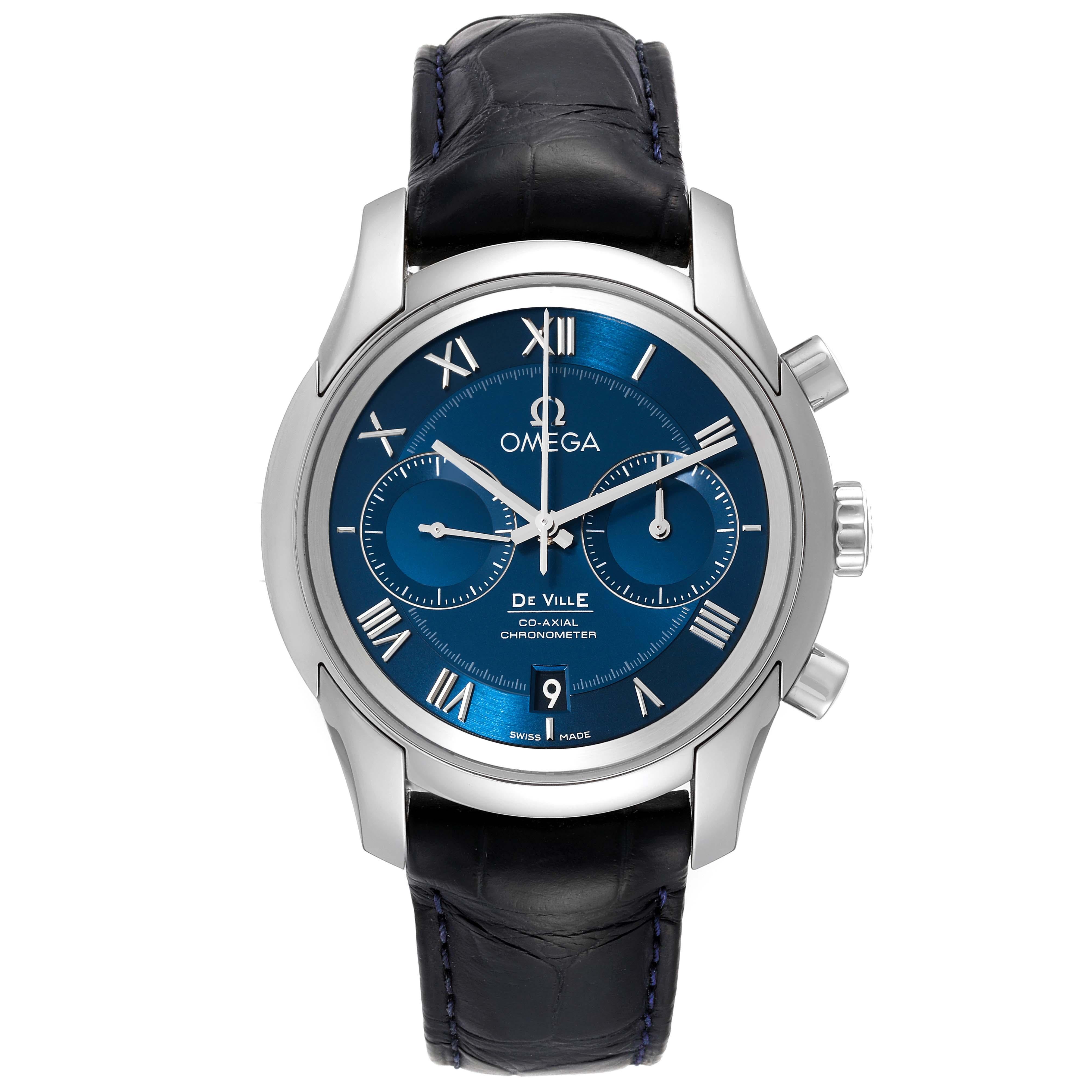 Omega DeVille 42 Blue Dial Steel Mens Watch 431.13.42.51.03.001 Box Card. Automatic self-winding chronograph movement with column wheel mechanism and Co-Axial escapement. Silicon balance-spring on free sprung-balance, 2 barrels mounted in series,