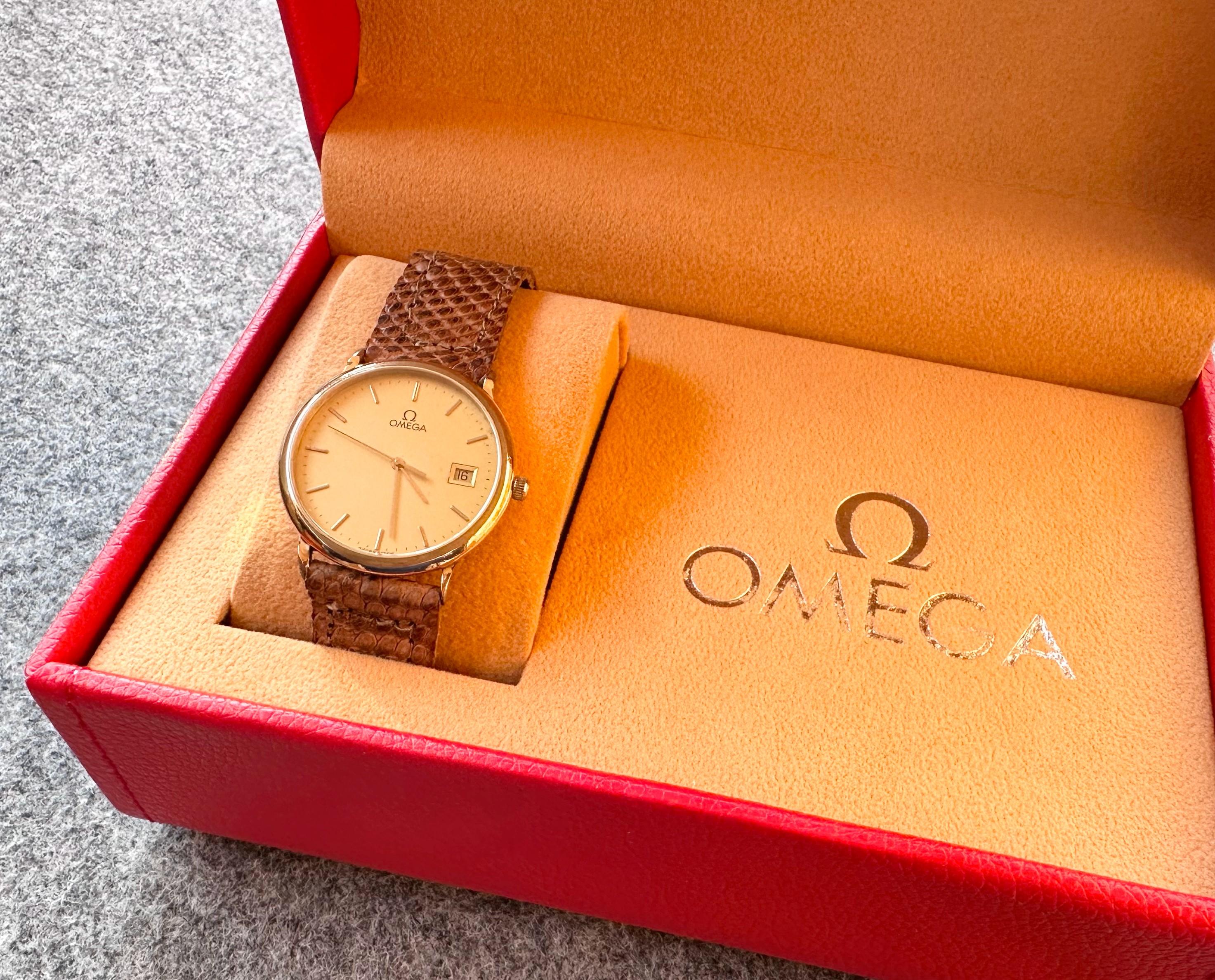 Brand: Omega

Reference Number: 53124687

Features: Gold Plated-Golden Dial

Country Of Manufacture: Switzerland

Movement: Quartz 1430

Case Material: Gold Plated- Stainless steel

Measurements : Case width: 32 mm (without crown)

Band Type :