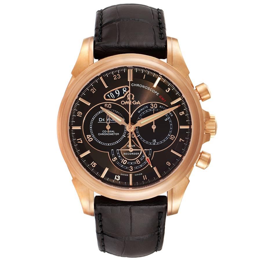Omega DeVille Chronoscope GMT Rose Gold Watch 422.53.44.52.13.001 Box Card. Automatic self-winding Co-Axial GMT movement. 18k rose gold round case 44 mm in diameter. Exhibition transparent sapphire crystal case back. 18k rose gold smooth bezel.