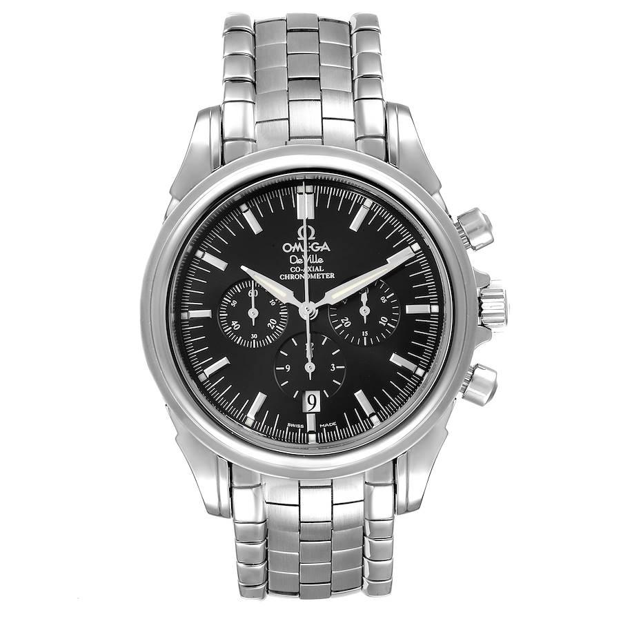 Omega DeVille Co-Axial Chronograph Steel Mens Watch 4541.50.00 Box Card. Automatic self-winding Co-Axial chronograph movement. Stainless steel round case 41 mm in diameter. Transparent skeleton exhibition case back. Stainless steel bezel. Domed