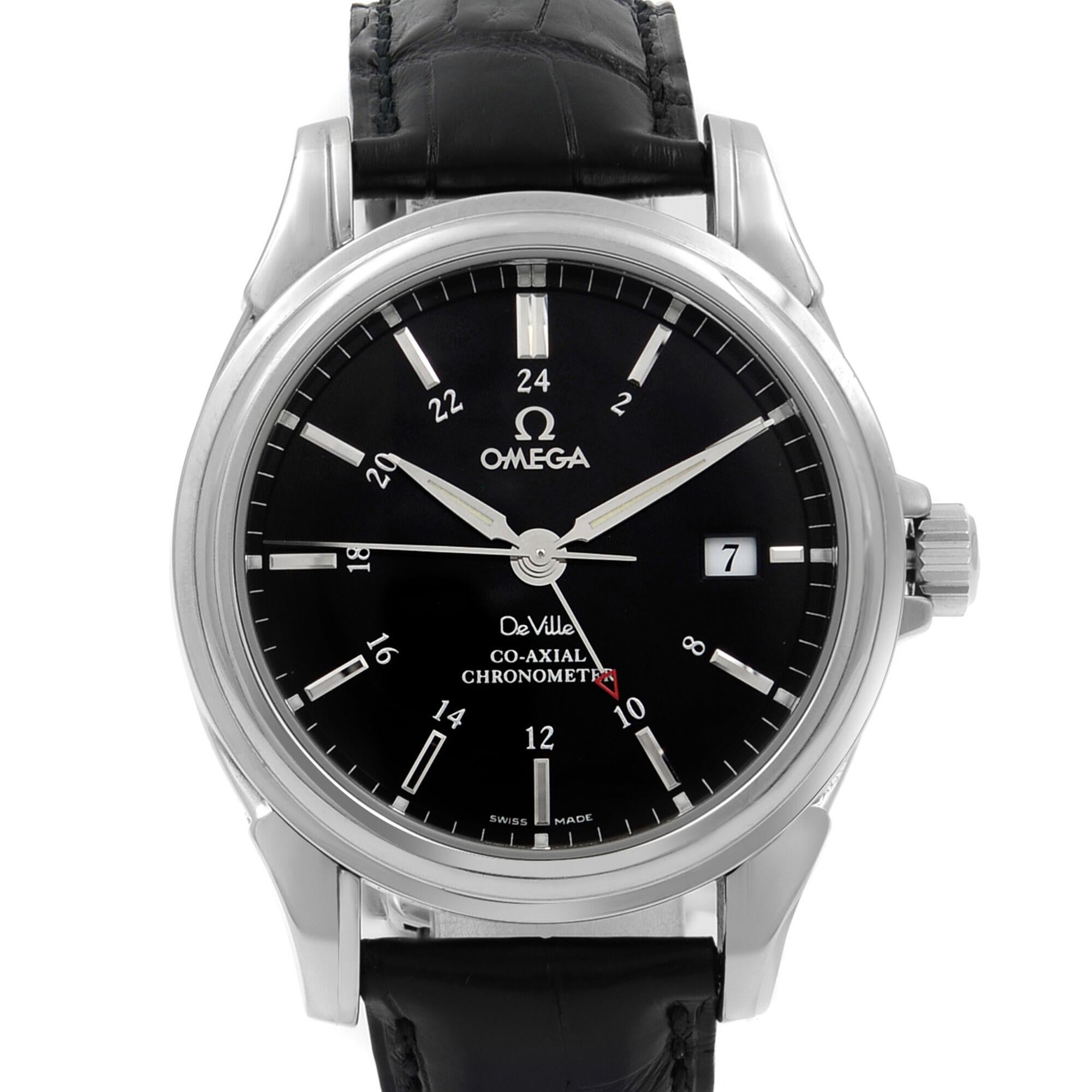 This pre-owned Omega DeVille Co-Axial GMT 48335131 is a beautiful men's timepiece that is powered by mechanical (automatic) movement which is cased in a stainless steel case. It has a round shape face, date indicator, dual time dial and has hand