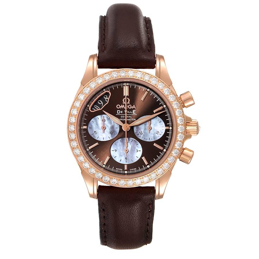 Omega DeVille Co-Axial Rose Gold Diamond Ladies Watch 4677.60.37. Automatic self-winding Co-Axial movement Free sprung balance, with date, hour, minute and continuous small seconds hands, central chronograph hand. 18K rose gold round case 35.0 mm in