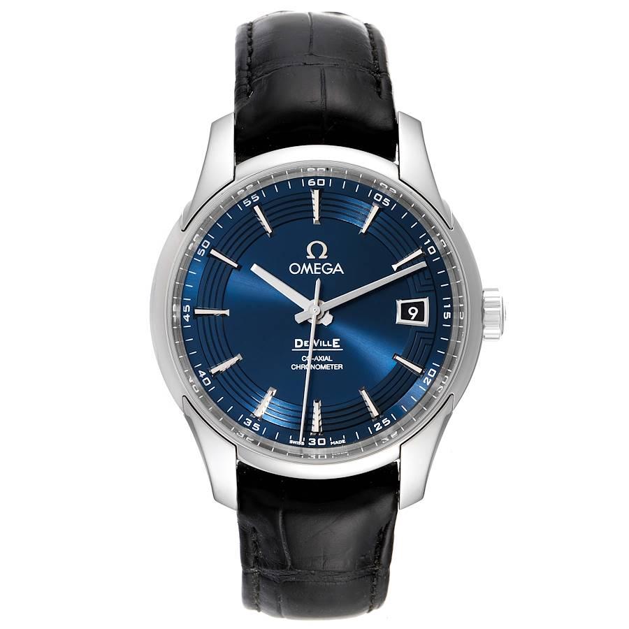 Omega DeVille Hour Vision Blue Dial Steel Watch 431.33.41.21.03.001 Box Card. Automatic self-winding Co-Axial movement. Free sprung-balance, 2 barrels mounted in series, automatic winding in both directions to reduce winding time. Bridges and the