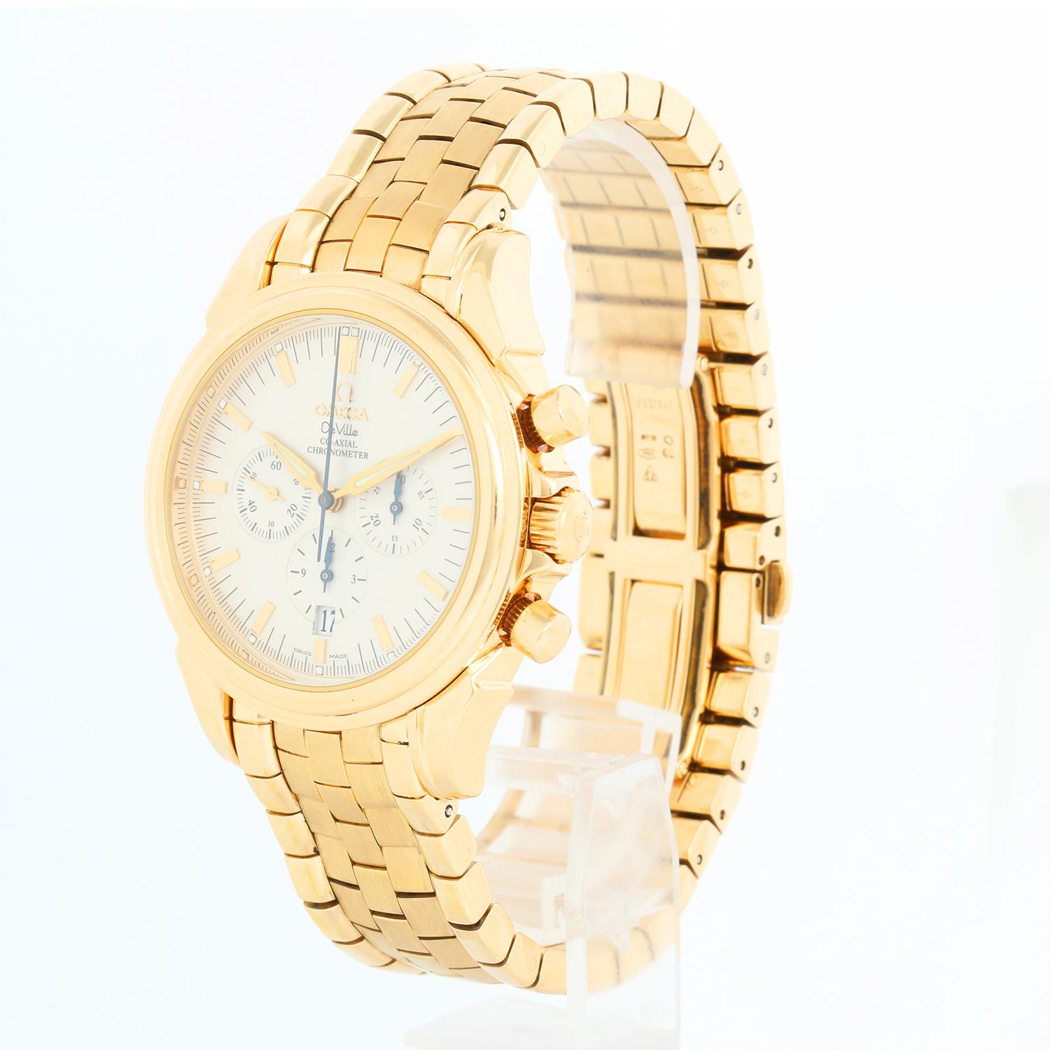 Omega DeVille Men's Yellow Gold  Co-Axial Chronograph Men's Watch  4141.30.00 - Automatic winding; chronograph. 18K Yellow Gold with exposition back  (41mm diameter). Silver dial with subdials at 4, 6 & 9 o'clock . Very rare 18K yellow gold