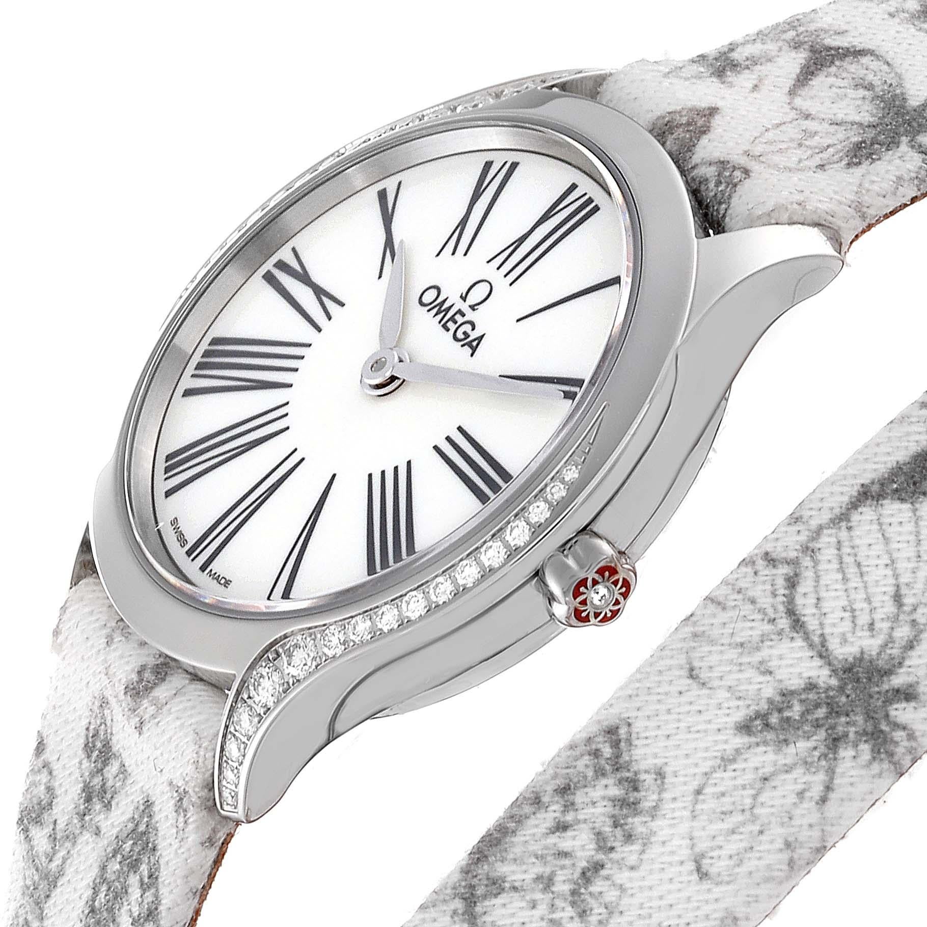 Omega DeVille Mini Tresor Steel Diamond Ladies Watch 428.17.26.60.04.002 Box Card. Quartz movement. Stainless steel round case 26.0 mm in diameter. Red ceramic flower on the crown with an original Omega factory diamond. Original Omega factory