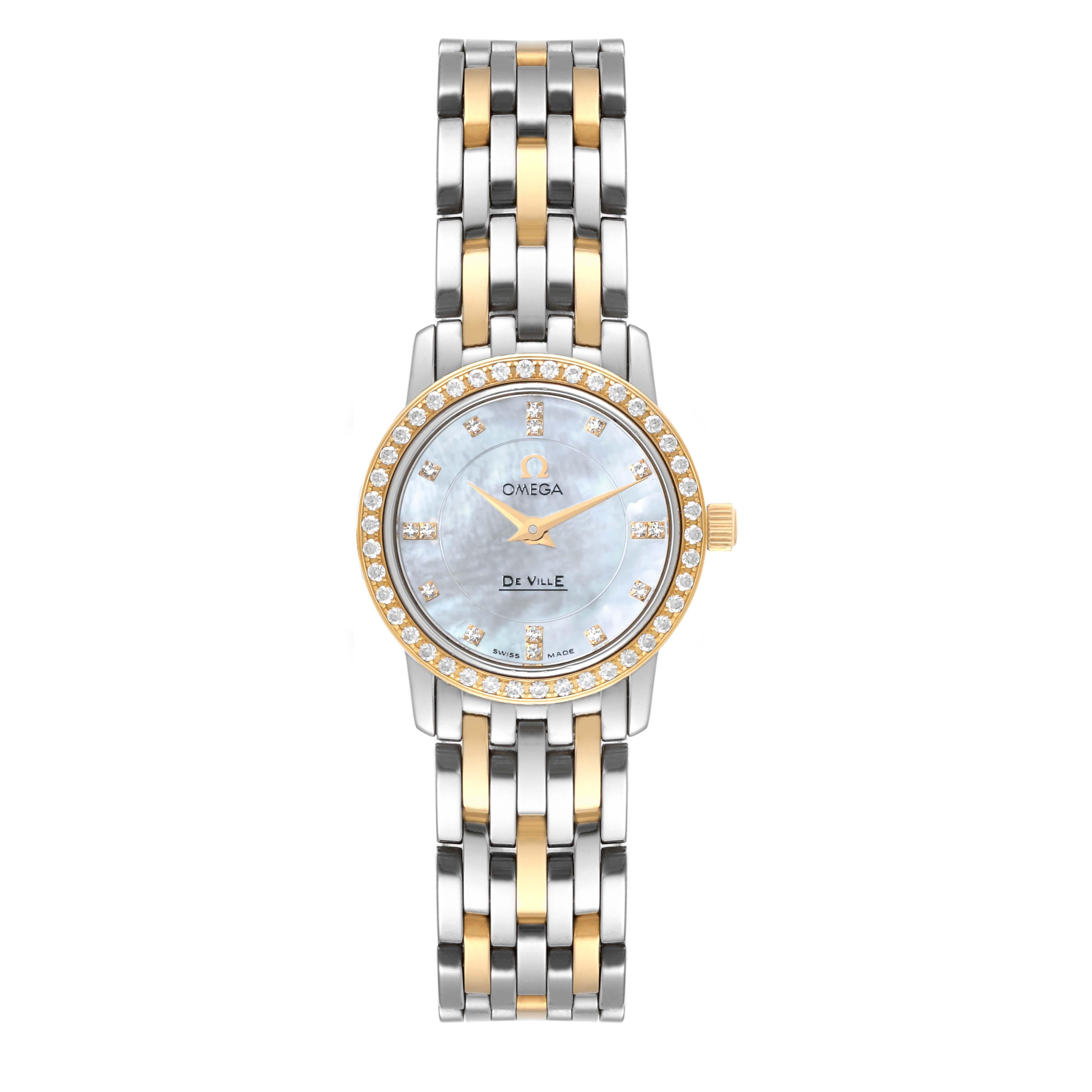 Omega DeVille MOP Diamond Steel Yellow Gold Ladies Watch 4375.75.00 Card. Quartz movement. Stainless steel and 18K yellow gold round case 22 mm in diameter. Original Omega factory yellow gold diamond bezel. Domed scratch-resistant sapphire crystal