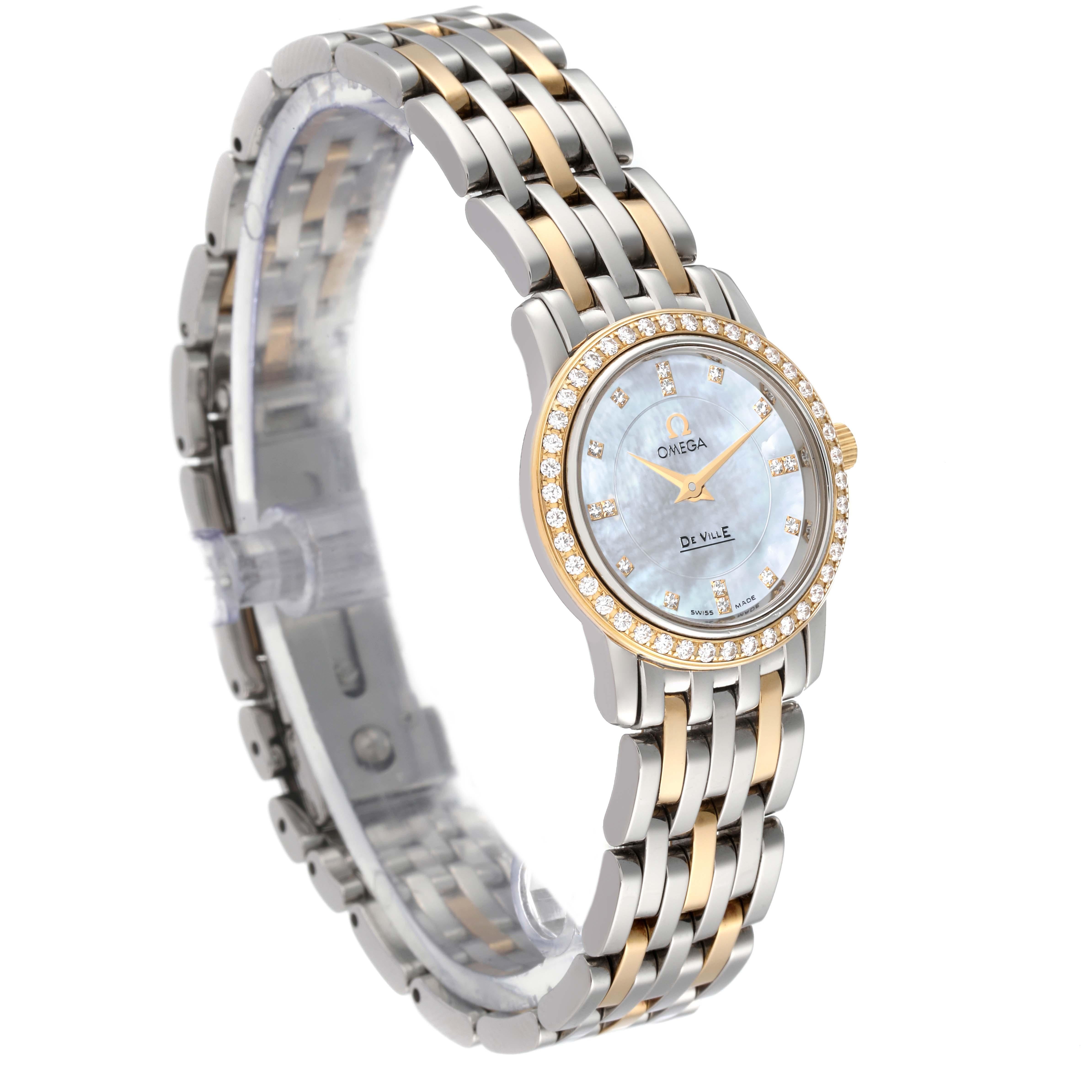 Omega DeVille MOP Diamond Steel Yellow Gold Ladies Watch 4375.75.00 Card In Excellent Condition In Atlanta, GA