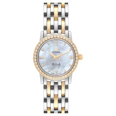Used Omega DeVille MOP Diamond Steel Yellow Gold Ladies Watch 4375.75.00 Card