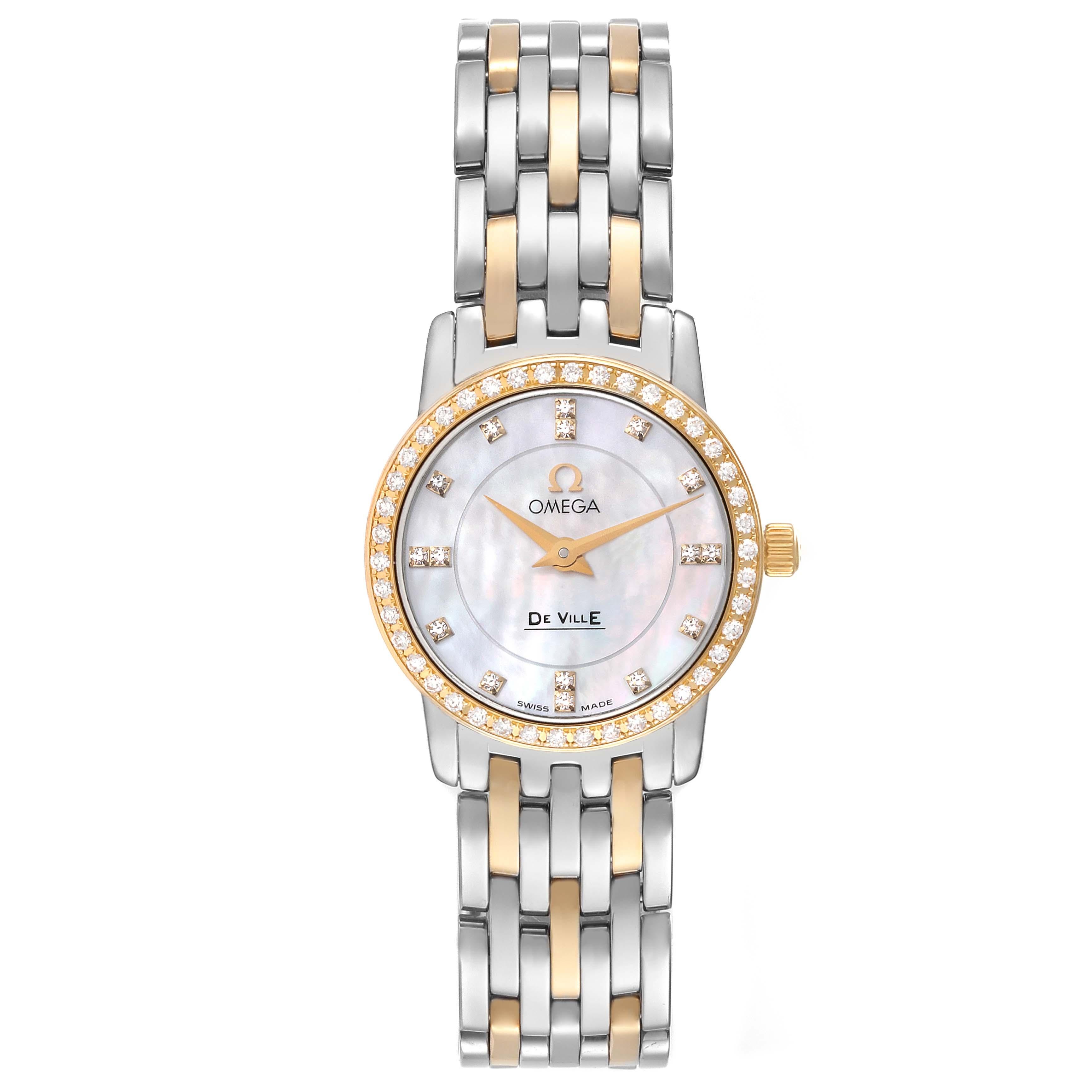Omega DeVille MOP Diamond Steel Yellow Gold Ladies Watch 4375.75.00. Quartz movement. Stainless steel and 18K yellow gold round case 22 mm in diameter. Original Omega factory 18k yellow gold diamond bezel. Domed scratch-resistant sapphire crystal