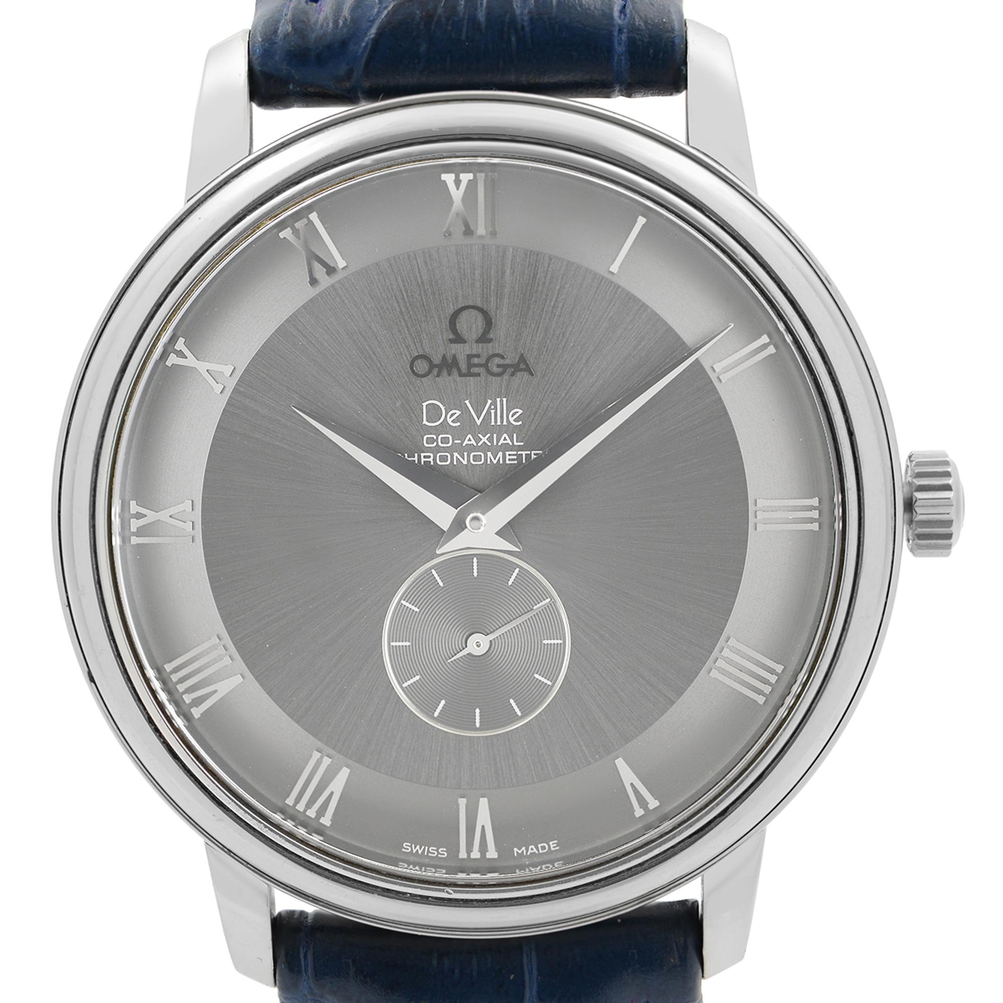 Pre-owned Omega DeVille Prestige Co-Axial Steel Gray Dial Automatic Men's Watch 4813.40.01. It Was Produced in 2007. The Watch Case and Bezel Show Micro Dinges on the Edges and Dents. This Watch Have an Aftermarket Band but an original Omega buckle.