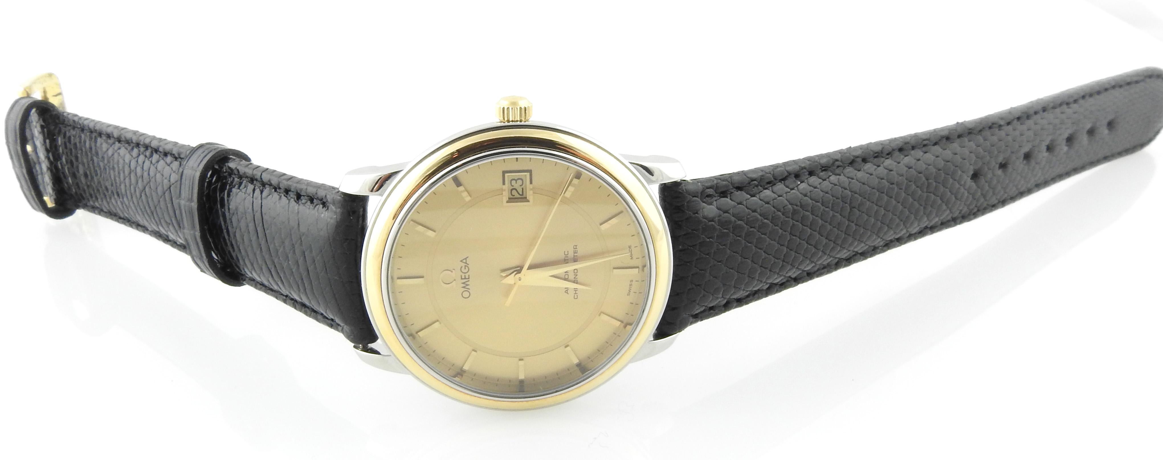 Omega DeVille Prestige Men's 18k Yellow Gold and Steel Automatic Watch Gold Dial In Good Condition In Washington Depot, CT