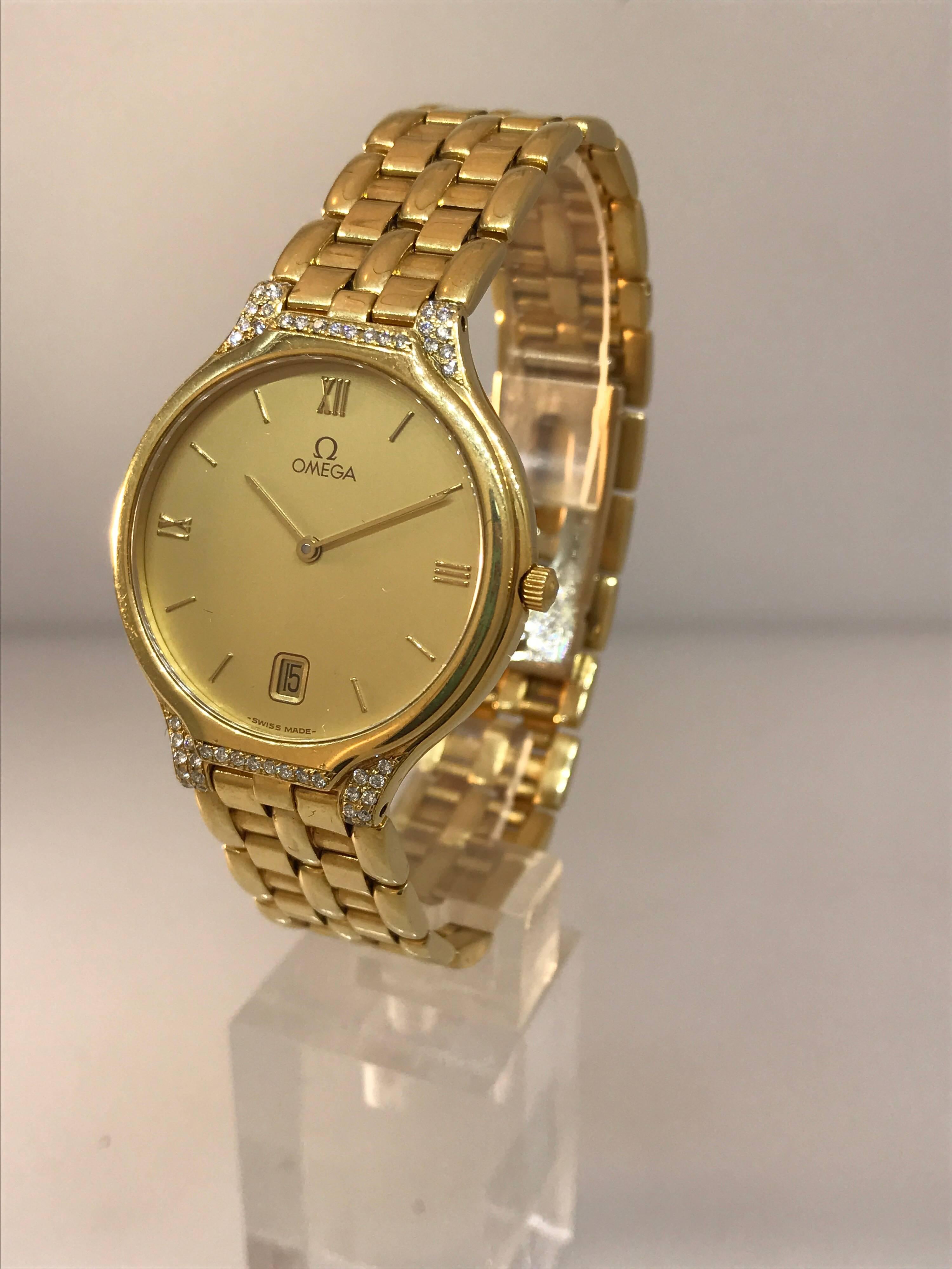 Omega Deville Lady's watch

Model Number: 3961016

100% Authentic

Pre-owned

Comes with a generic watch box

18 Karat Yellow Gold Case & Bracelet

Diamonds on top case & lugs

Roman Numeral Hour Markers

Case Diameter: 32mm (with lugs 34mm):