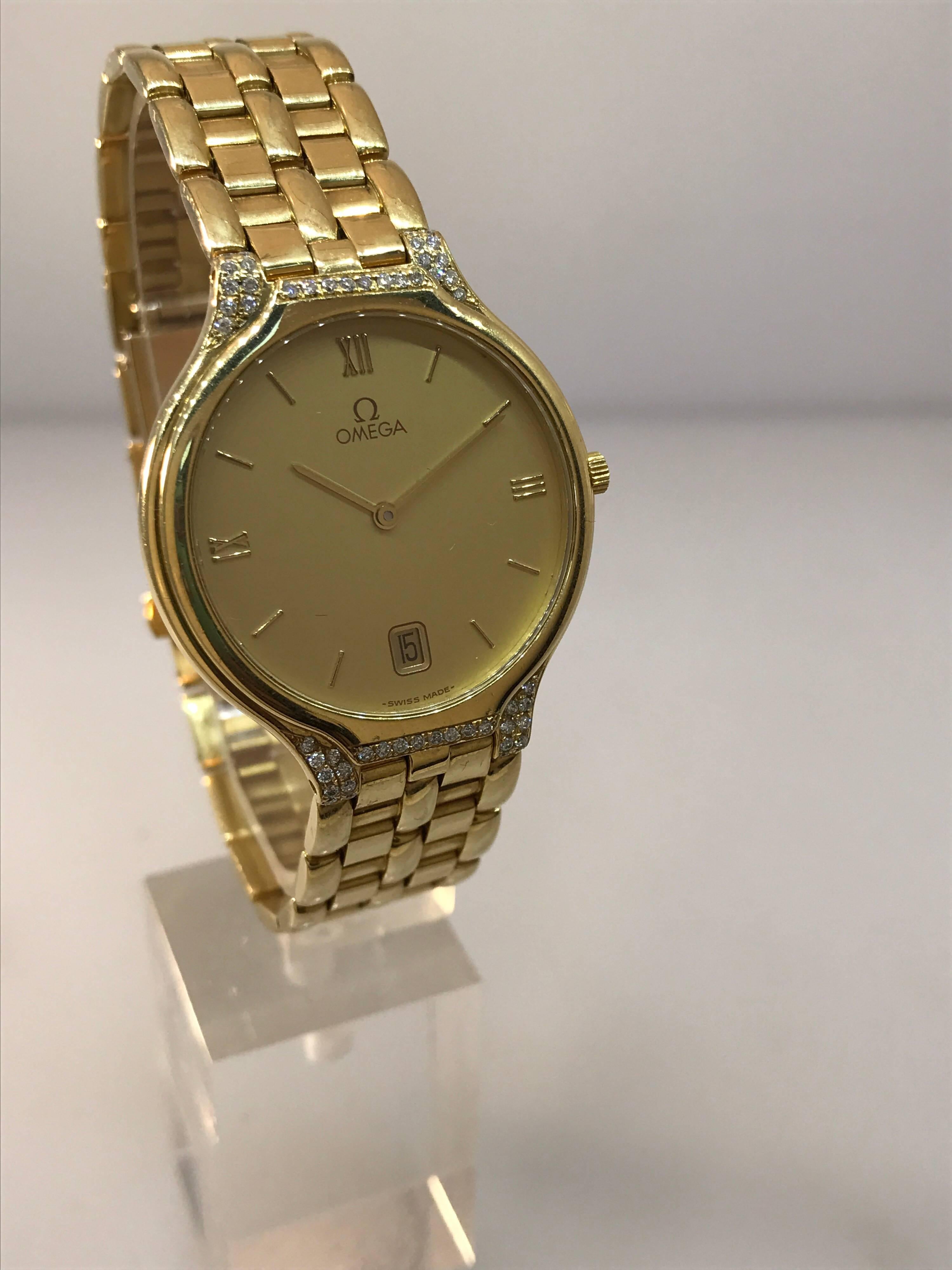 Women's Omega Deville Yellow Gold and Diamond Date Display Bracelet Lady's Watch For Sale