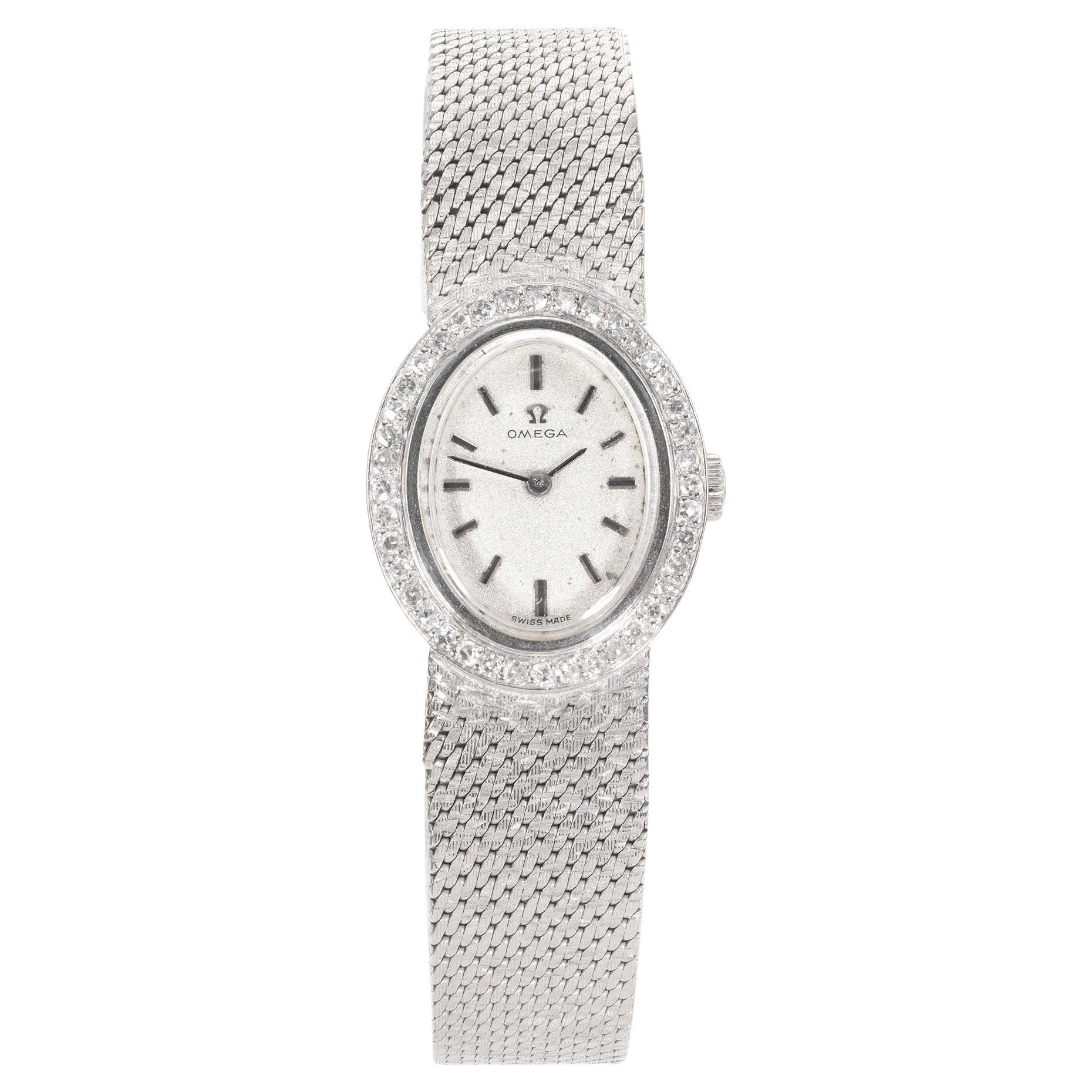 Omega 18k White Gold Diamond Halo Ladies' Wristwatch, Circa 1960s