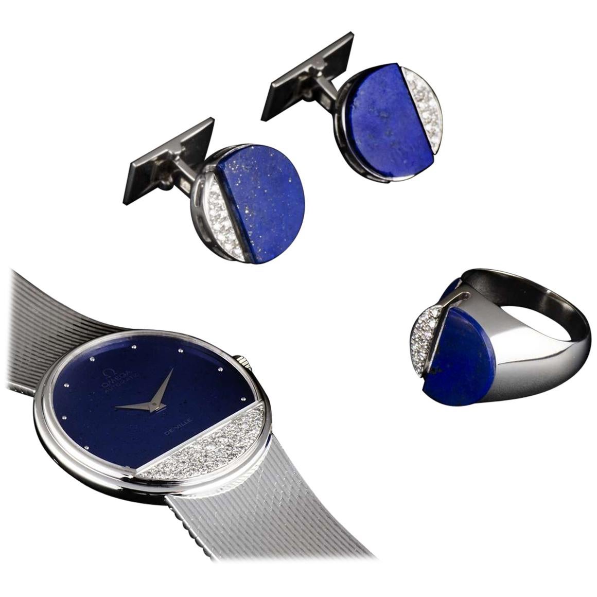 Omega Diamond Lapis Lazuli DeVille Quartz Watch and Cufflinks and Ring