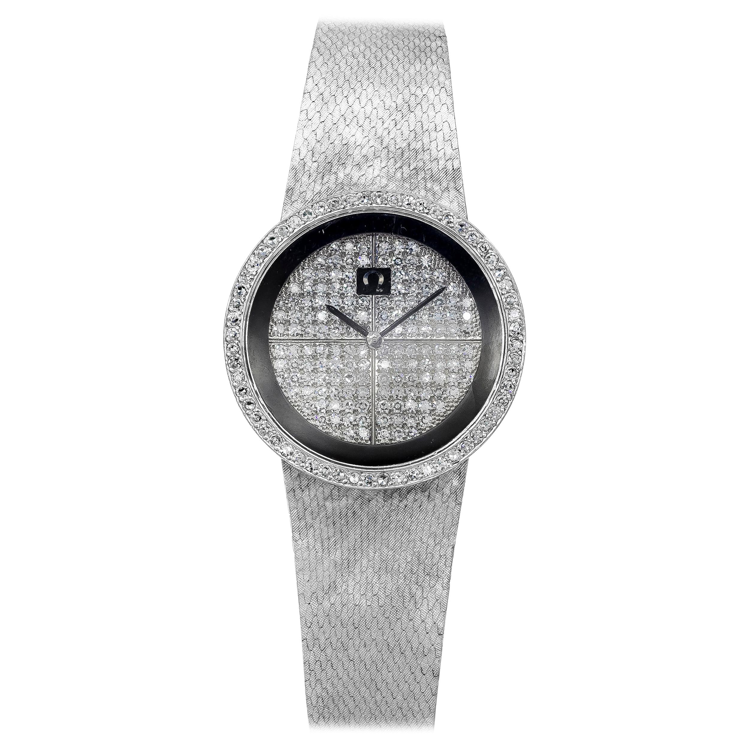 Omega Diamond Manual Wind Ladies Wristwatch, 18 Karat White Gold
