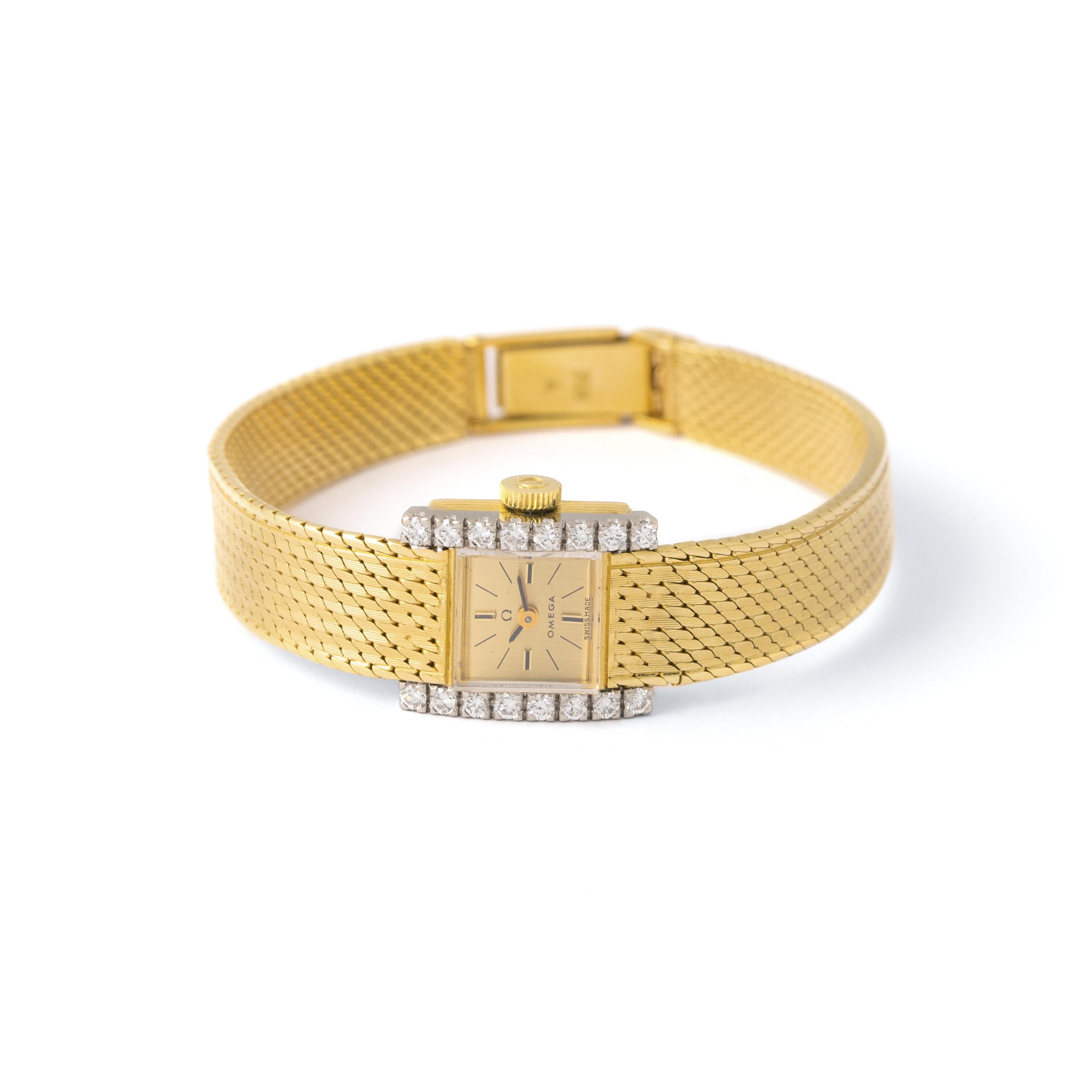 Round Cut Omega Diamond Yellow Gold 18K Wristwatch 1970S For Sale