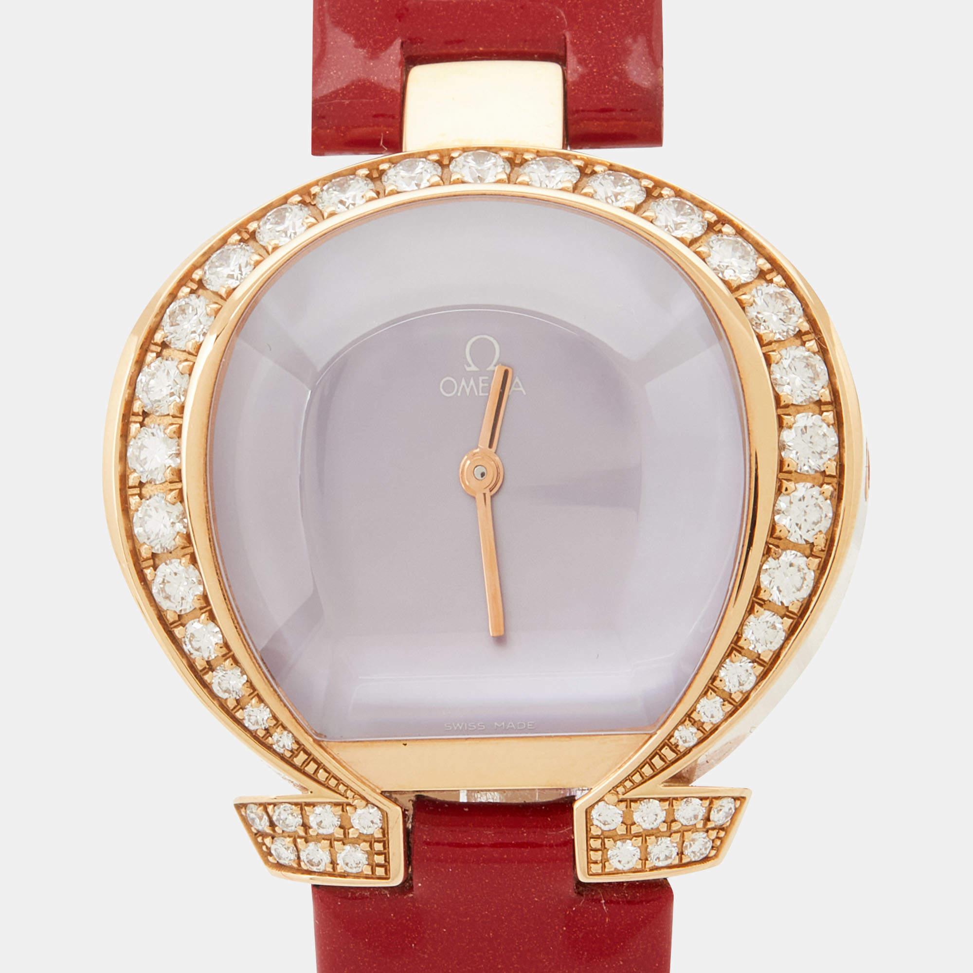 Omega Diamonds 18K Rose Gold Leather Omegamania Women's Wristwatch 28 mm 3