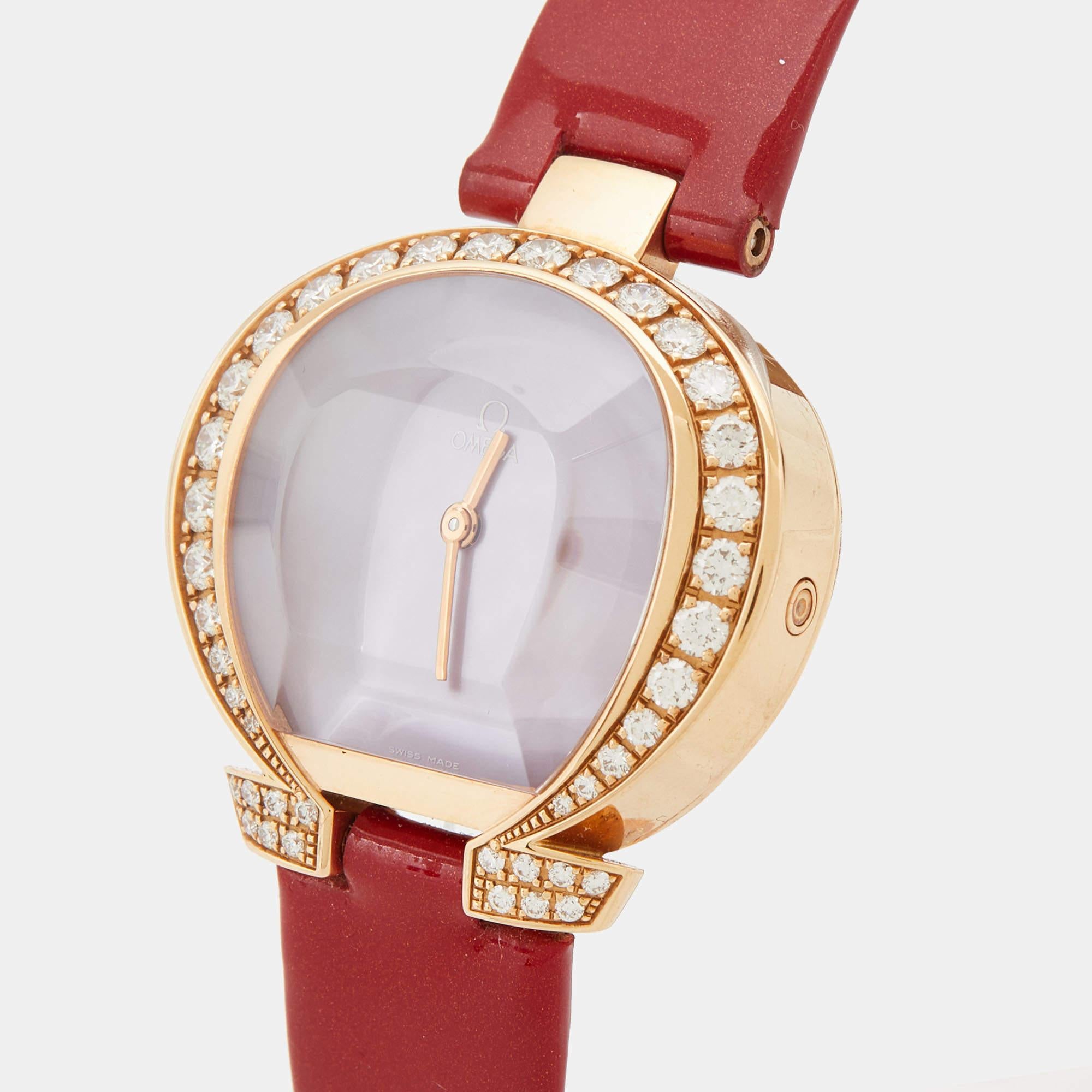 Omega Diamonds 18K Rose Gold Leather Omegamania Women's Wristwatch 28 mm 4