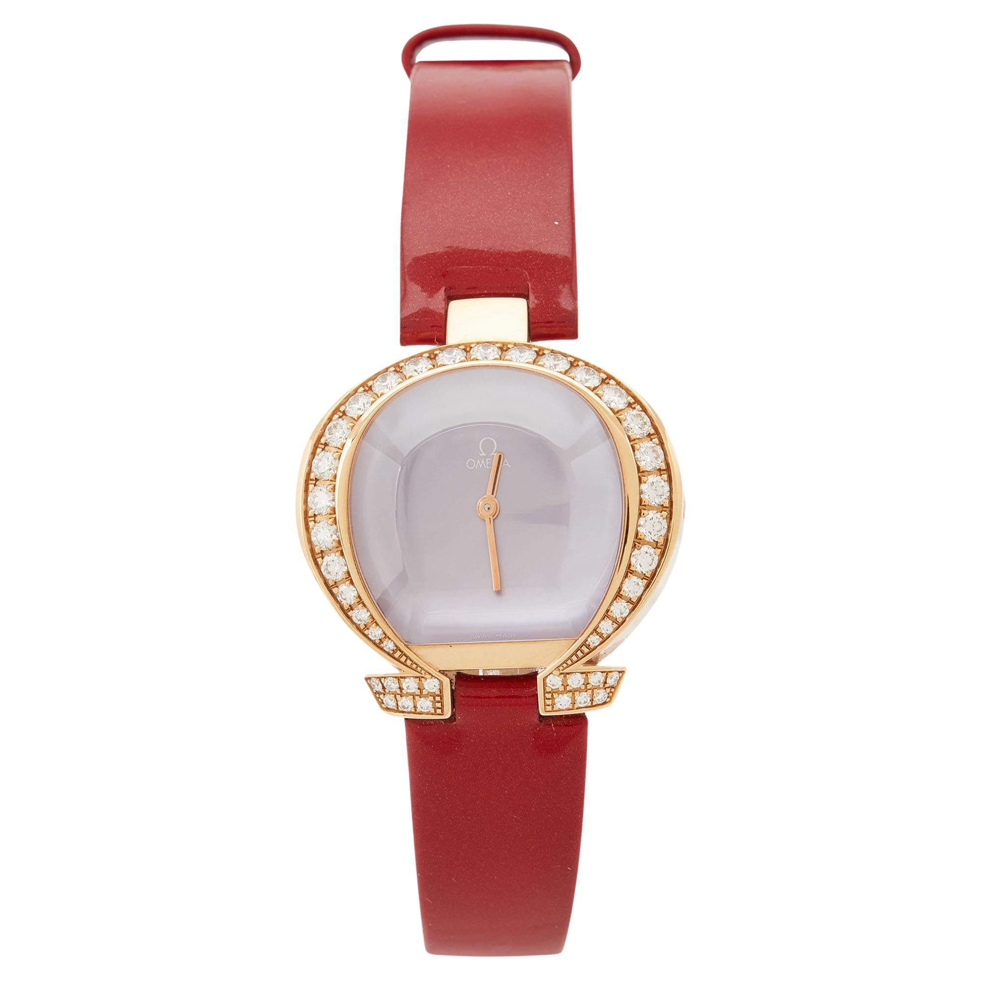 Omega Diamonds 18K Rose Gold Leather Omegamania Women's Wristwatch 28 mm