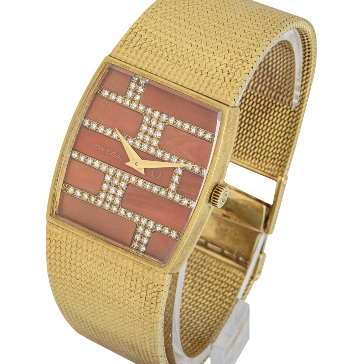 Round Cut Omega Dress Watch Diamond Coral Dial Yellow Gold