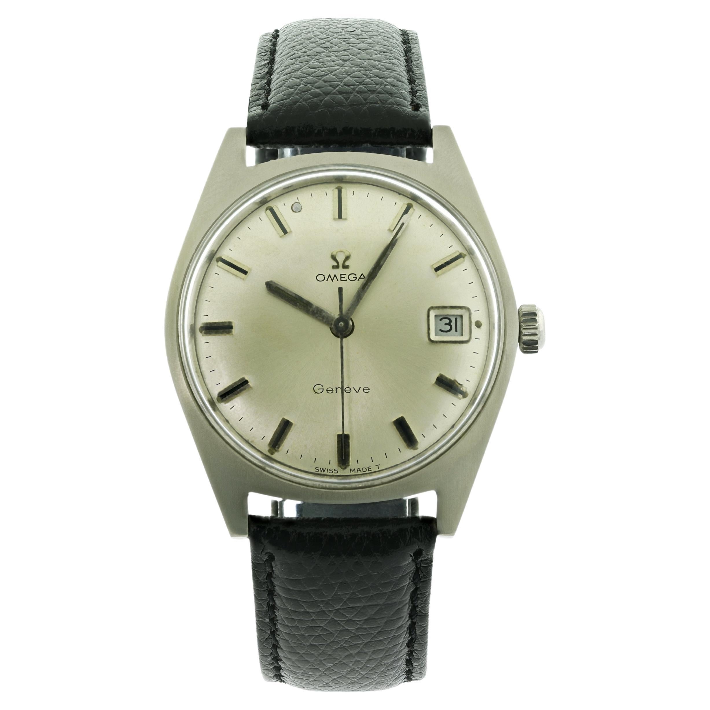 Omega 'Geneva' White Face and Black Lather Strap, Circa 1970 For Sale