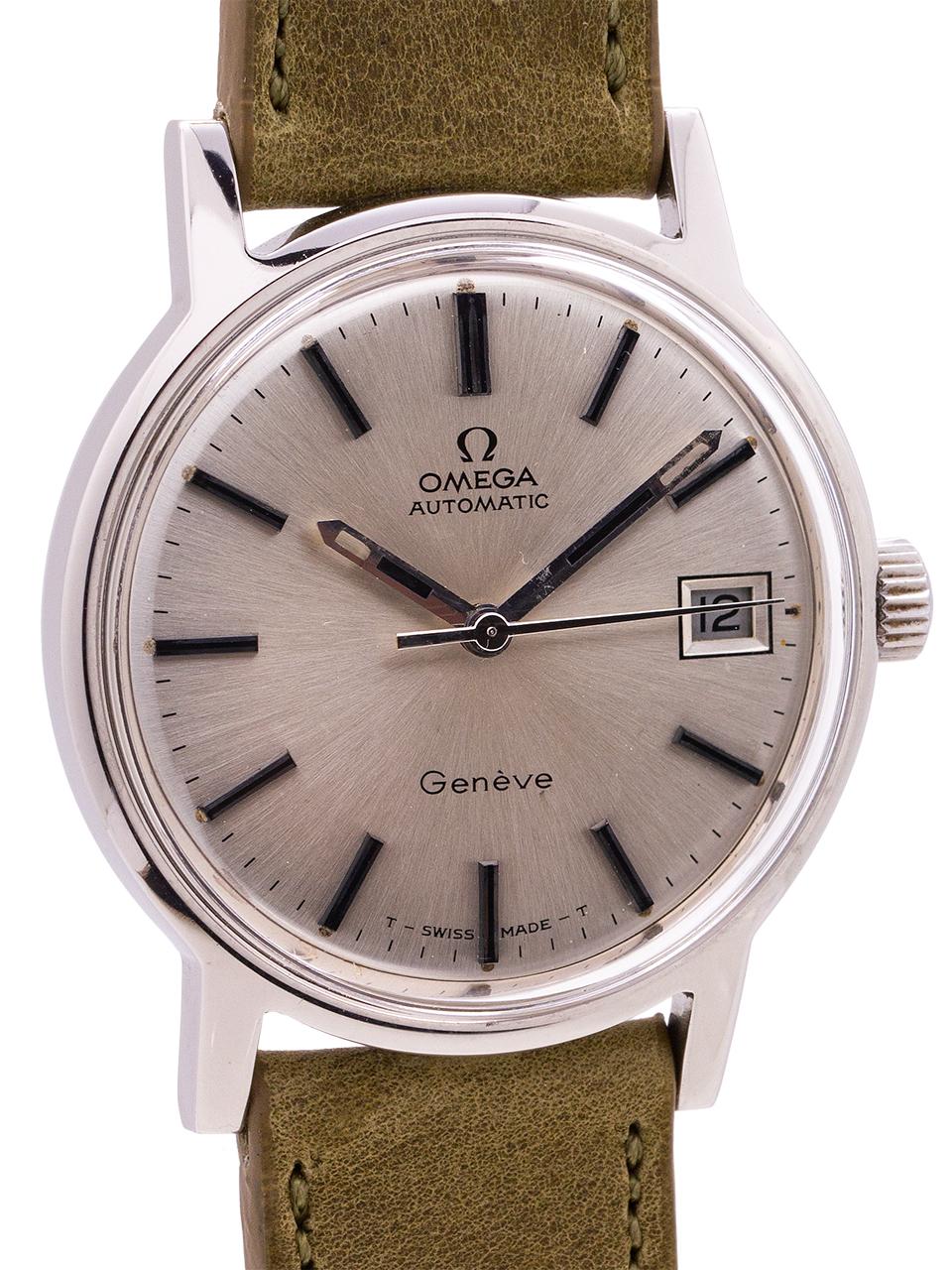 
A truly exceptional example Omega Geneve automatic with date, ref 166.070 in stainless steel, circa 1971. Featuring a 35mm diameter case with smooth wide bezel, substantial contoured lugs and acrylic crystal with signed Omega crown and screwdown