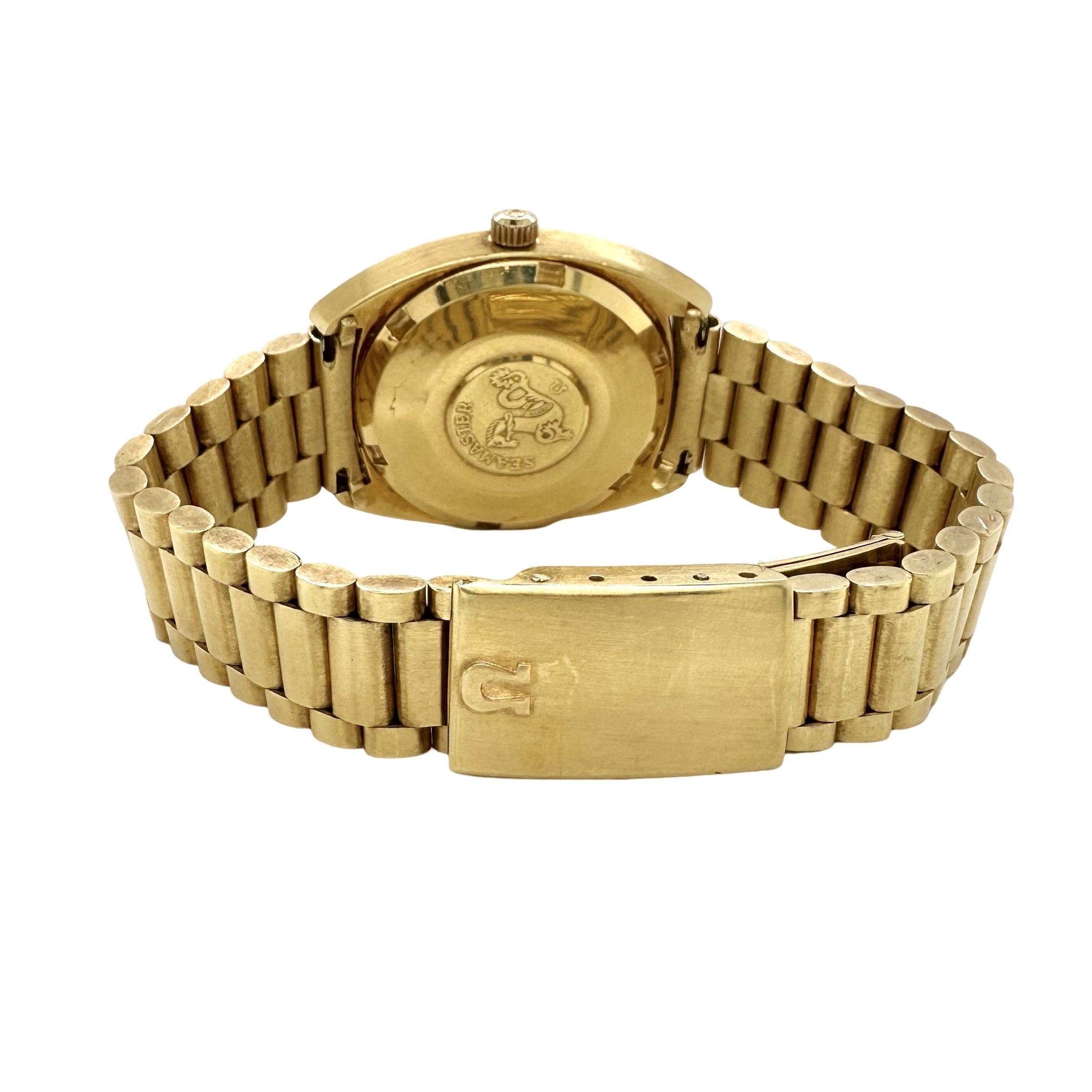 Brand: Omega
Model: Seamaster
Case Material: 18k Yellow Gold
Case Size: 38 mm
Dial Color: Gold/Champagne
Bracelet: 18k Yellow Gold
Includes: Brilliance Jewels Packaging
Total Item Weight (grams): 115
Year: Unknown