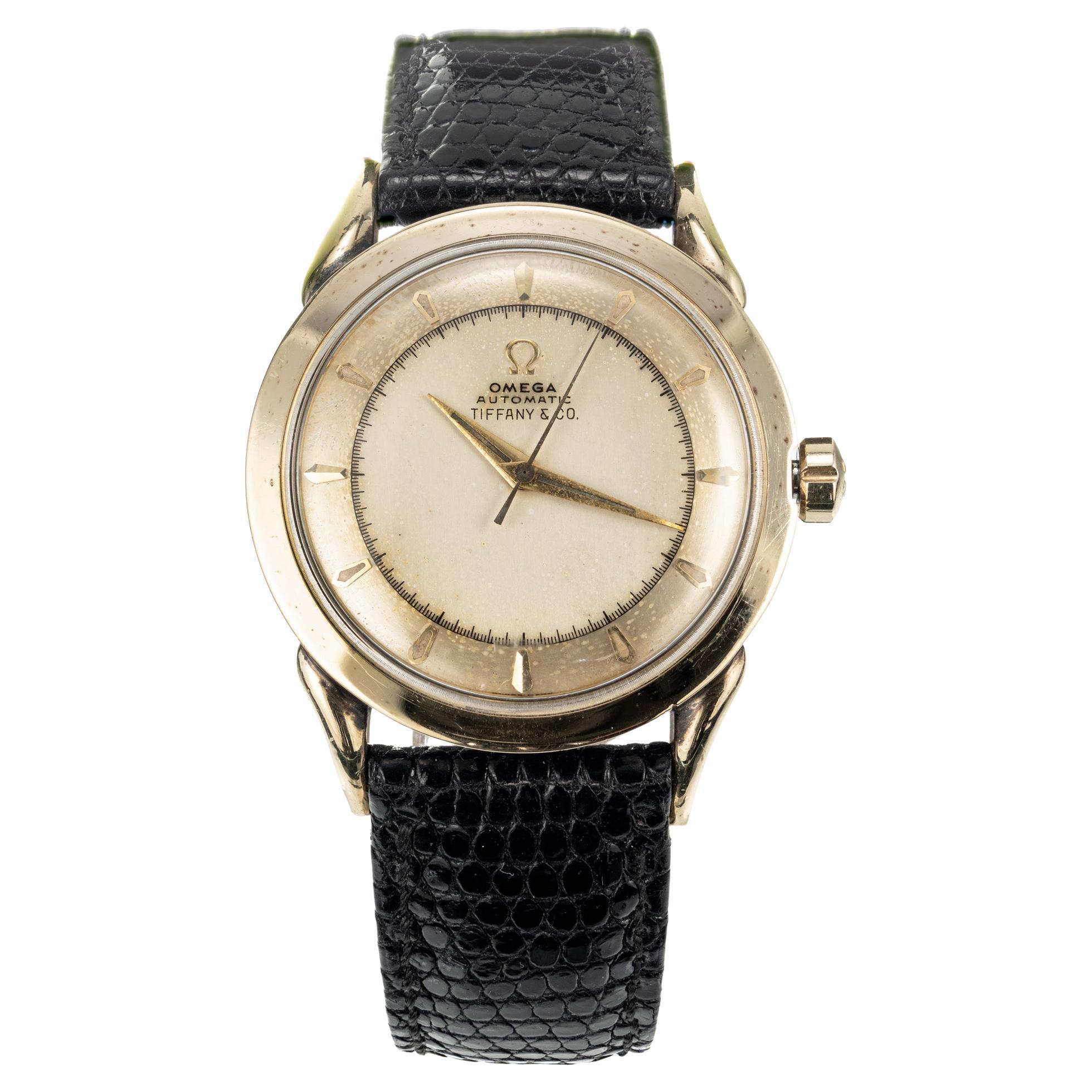 Omega Gilt Tiffany & Co Stainless Steel Gold Automatic Wristwatch For Sale