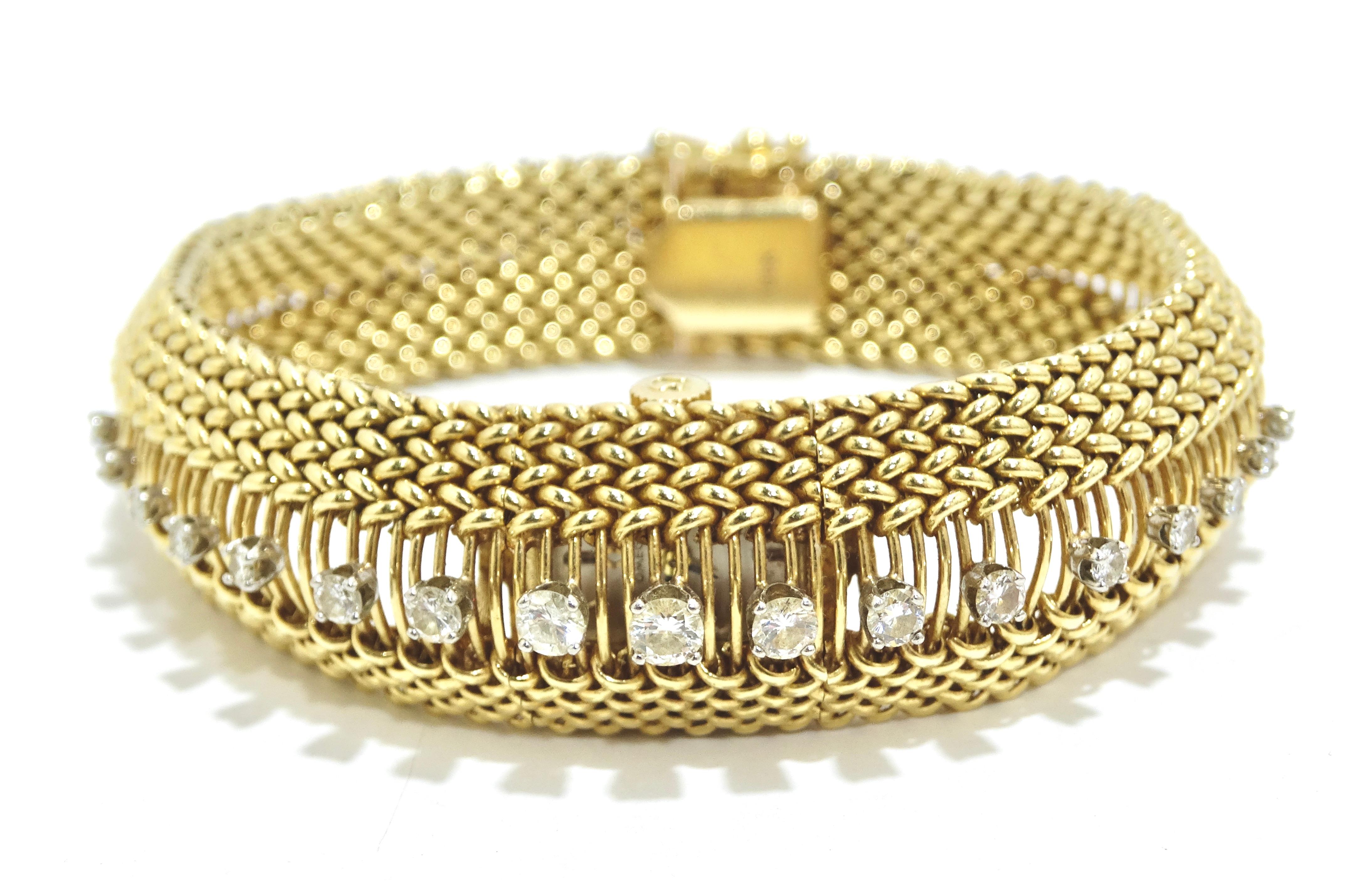 This  Omega watch bracelet is the perfect mix of elegance and boldness. Be unique with this Omega as it is designed as a bracelet and hidden face watch. Crafted out of 14K solid yellow gold, with 17 diamonds that run the length of the bracelet, G-H